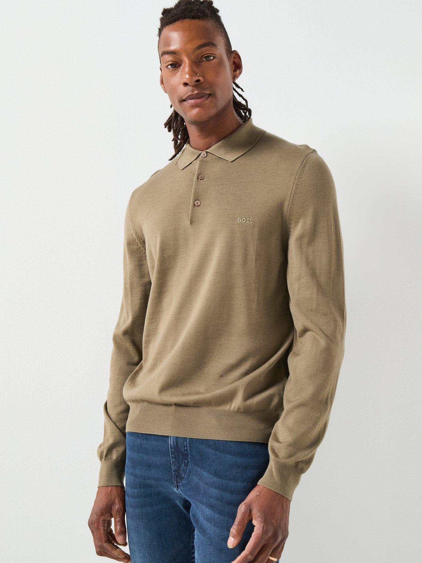 BOSS Bono-L Regular Fit Long Sleeve Wool Knitted Polo, Brown, Size 2Xl, Men