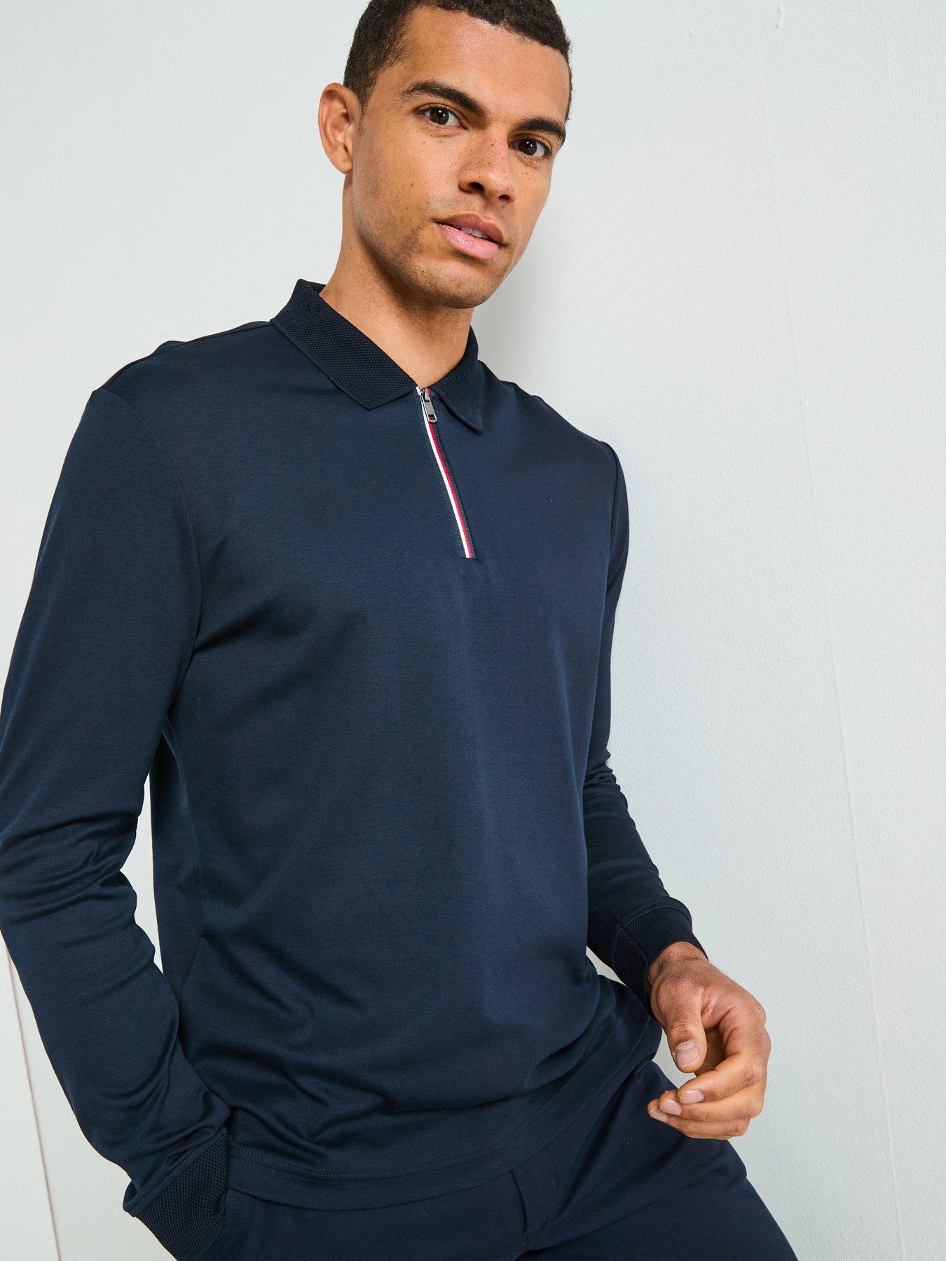 undefined Long Sleeve Zip Interlock Polo Shirt - Navy