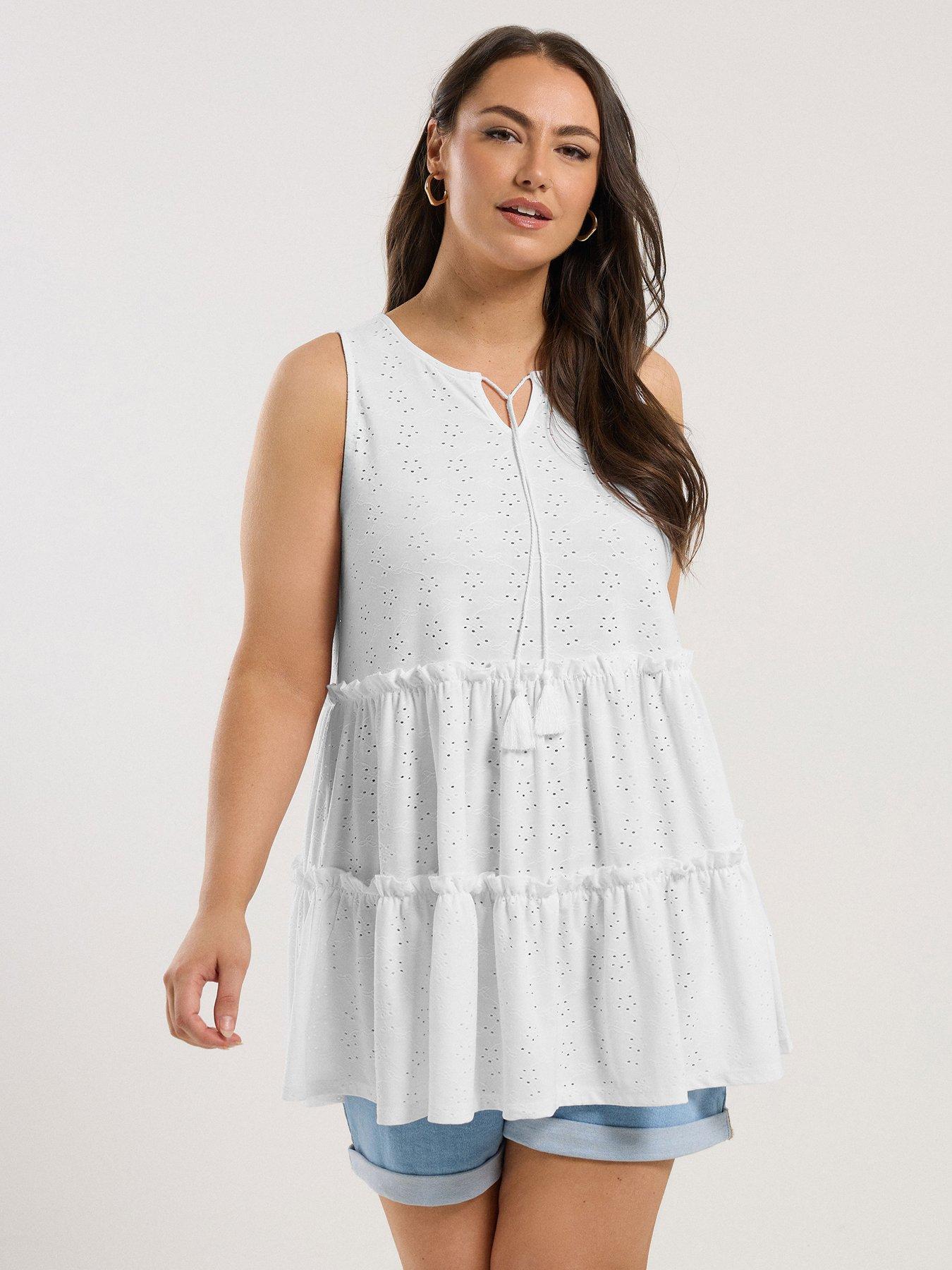 undefined Curve Broderie Tiered Vest Top - White