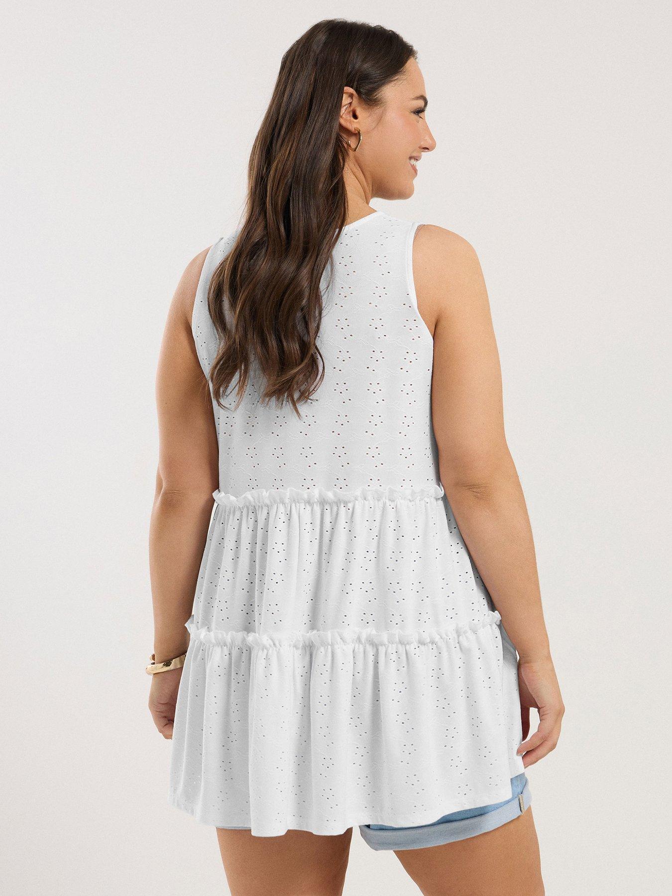 Image 2 of 5 of Yours Curve Broderie Tiered Vest Top - White