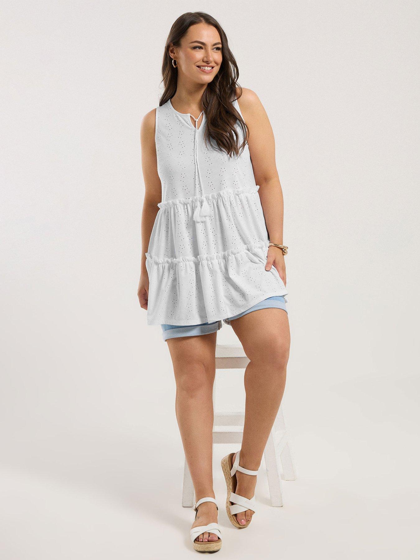 Image 3 of 5 of Yours Curve Broderie Tiered Vest Top - White