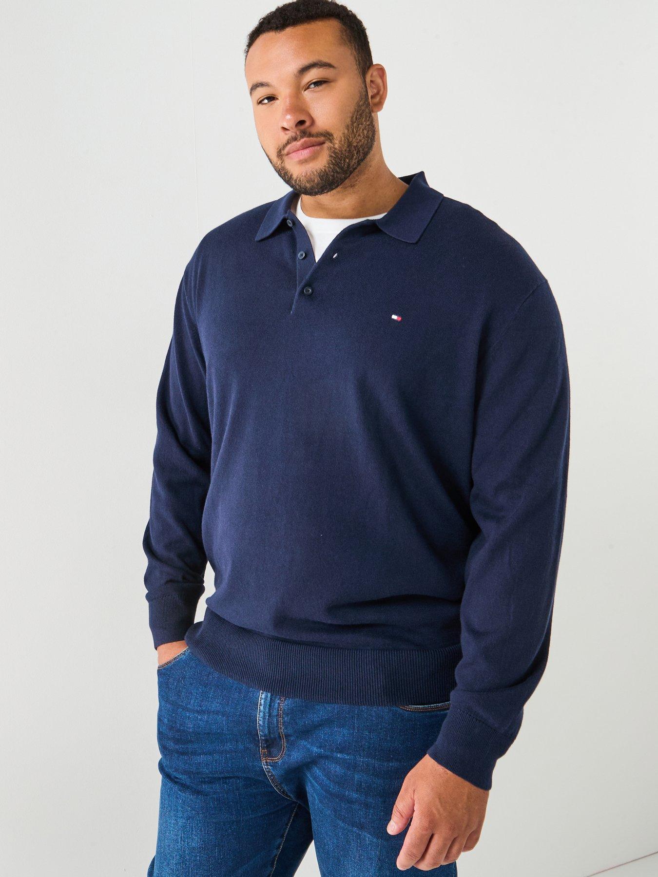 undefined Big & Tall Knitted Long Sleeve Polo Shirt - Navy