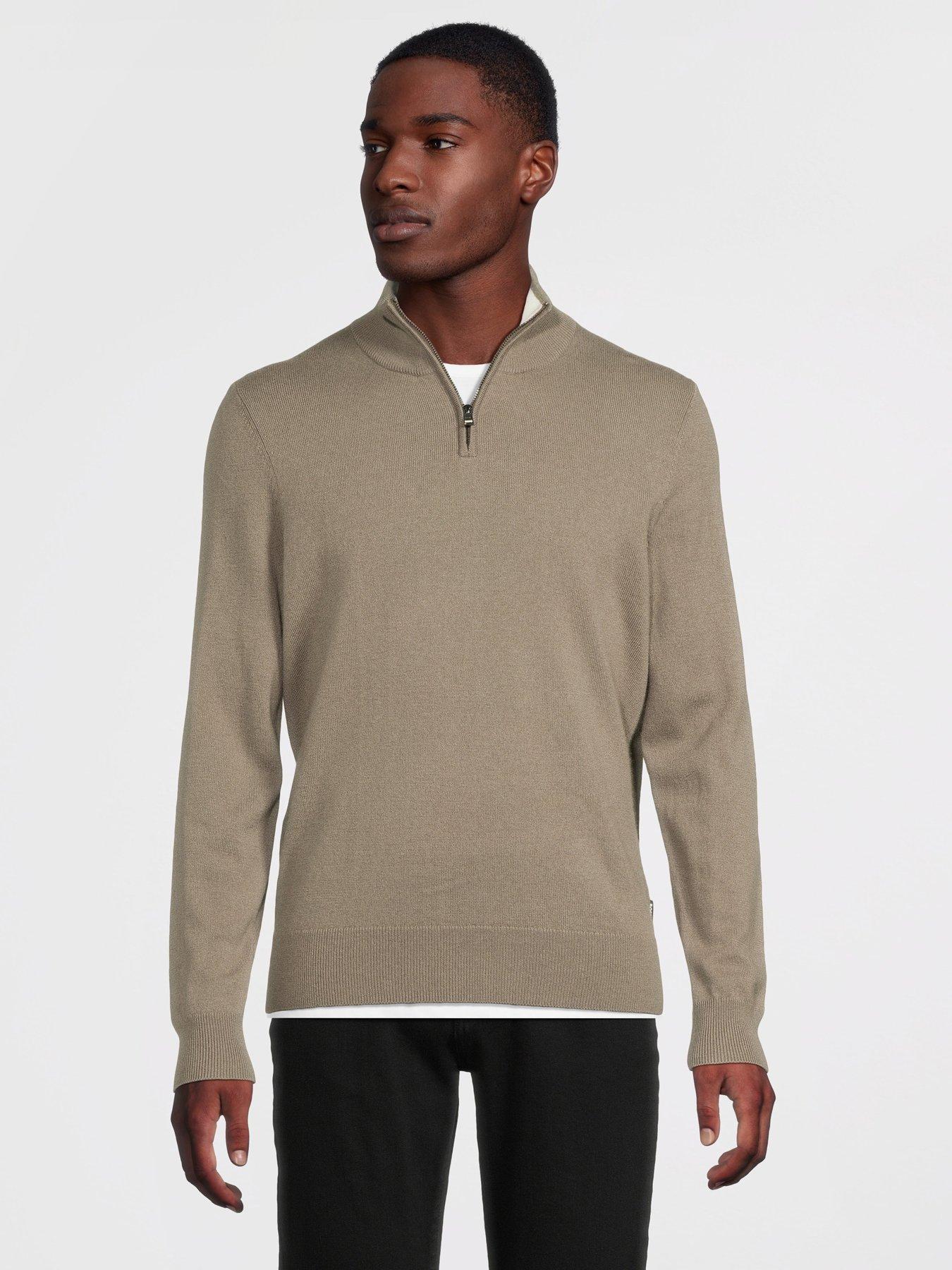 BOSS H-Hemarlo Regular Fit 1/4 Zip Knitted Jumper - Brown