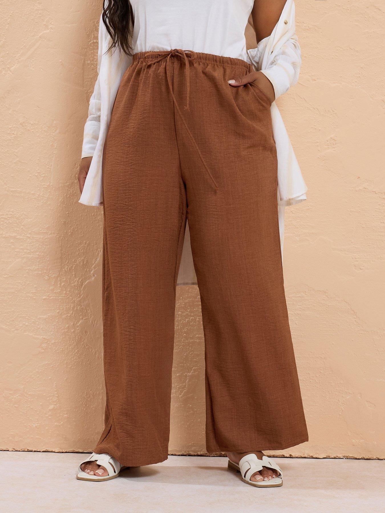 undefined Curve Linen Look Tie Waist Trouser - Brown