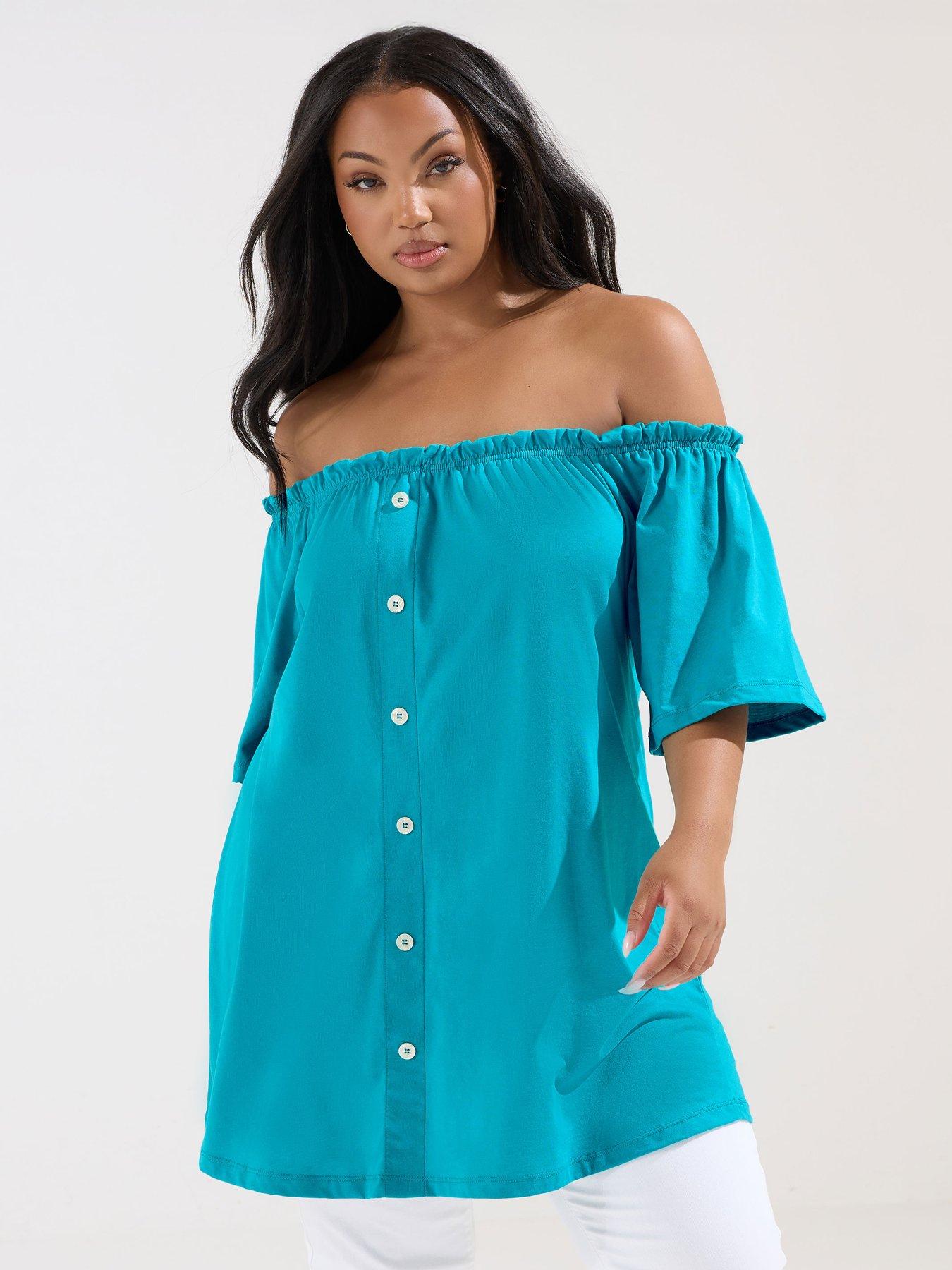 undefined Curve Frill Bardot Button Front Top - Blue