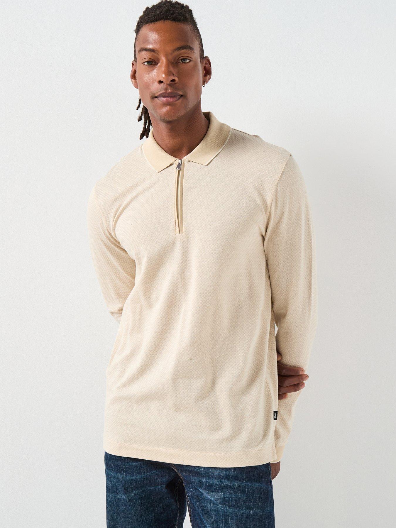 BOSS H-Peduzzi 06 Regular Fit 1/4 Zip Long Sleeve Polo Shirt - Light Beige