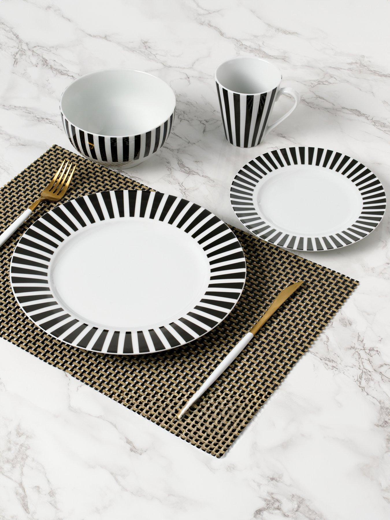 undefined 24-Piece Split Stripe Dinner Service Set in Black