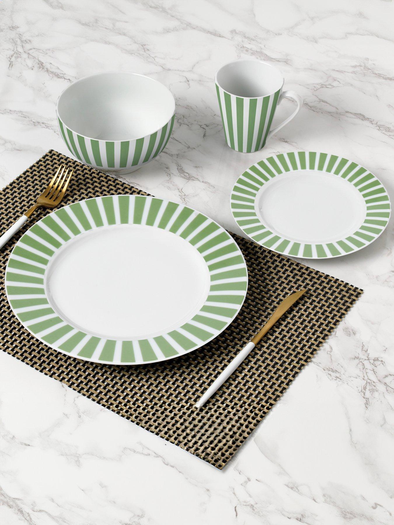 undefined 24-Piece Split Stripe Dinner Service Set in Green
