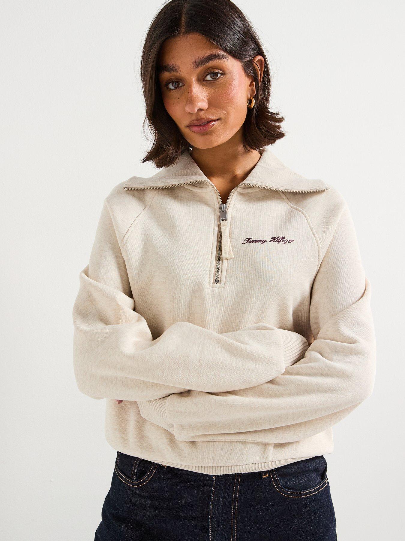 Polar Fleece Tommy Jeans Beige Hoodie Sweatshirt Met Halve Rits En