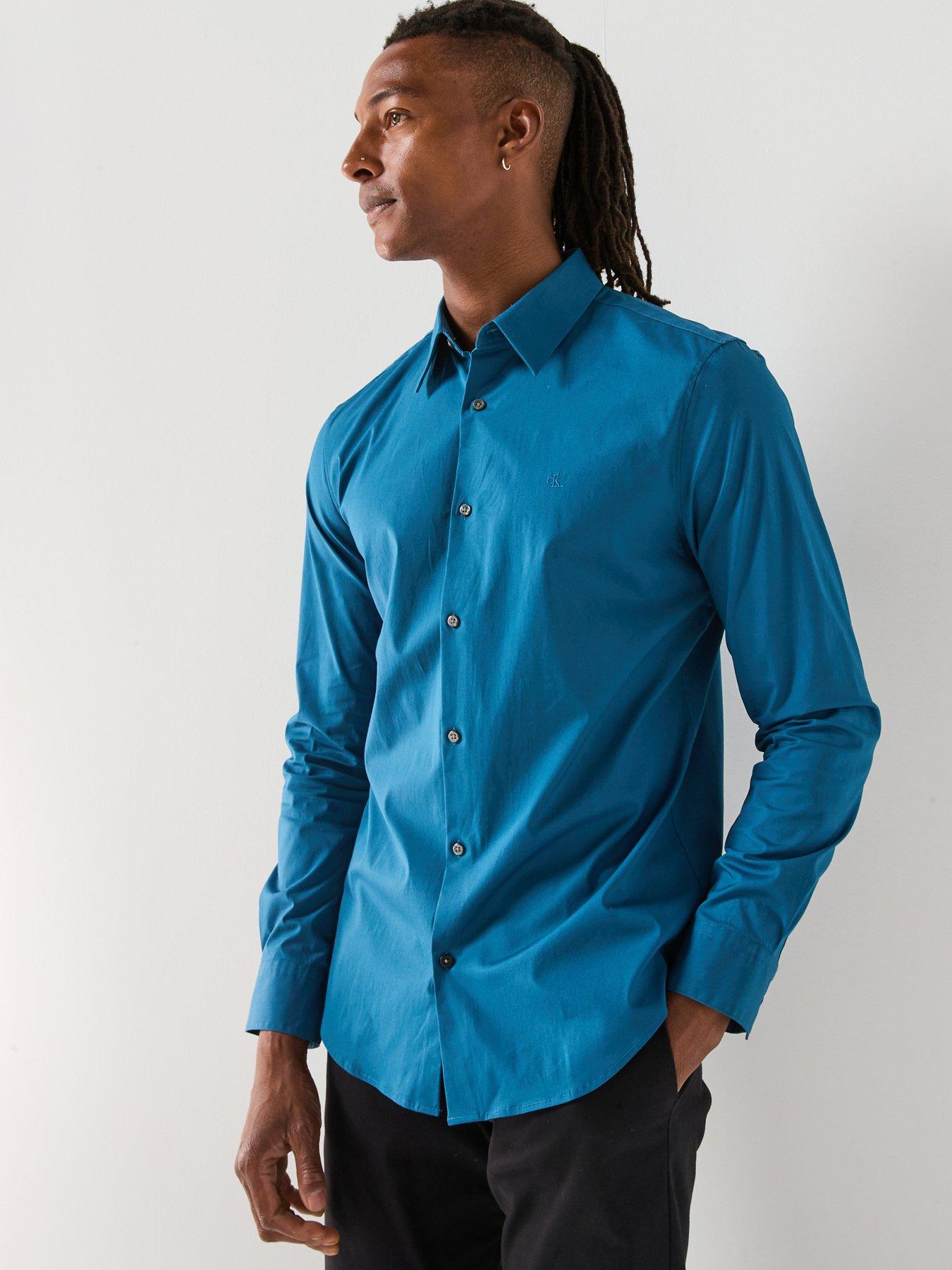 undefined Long Sleeve Solid Stretch Slim Fit Shirt - Blue
