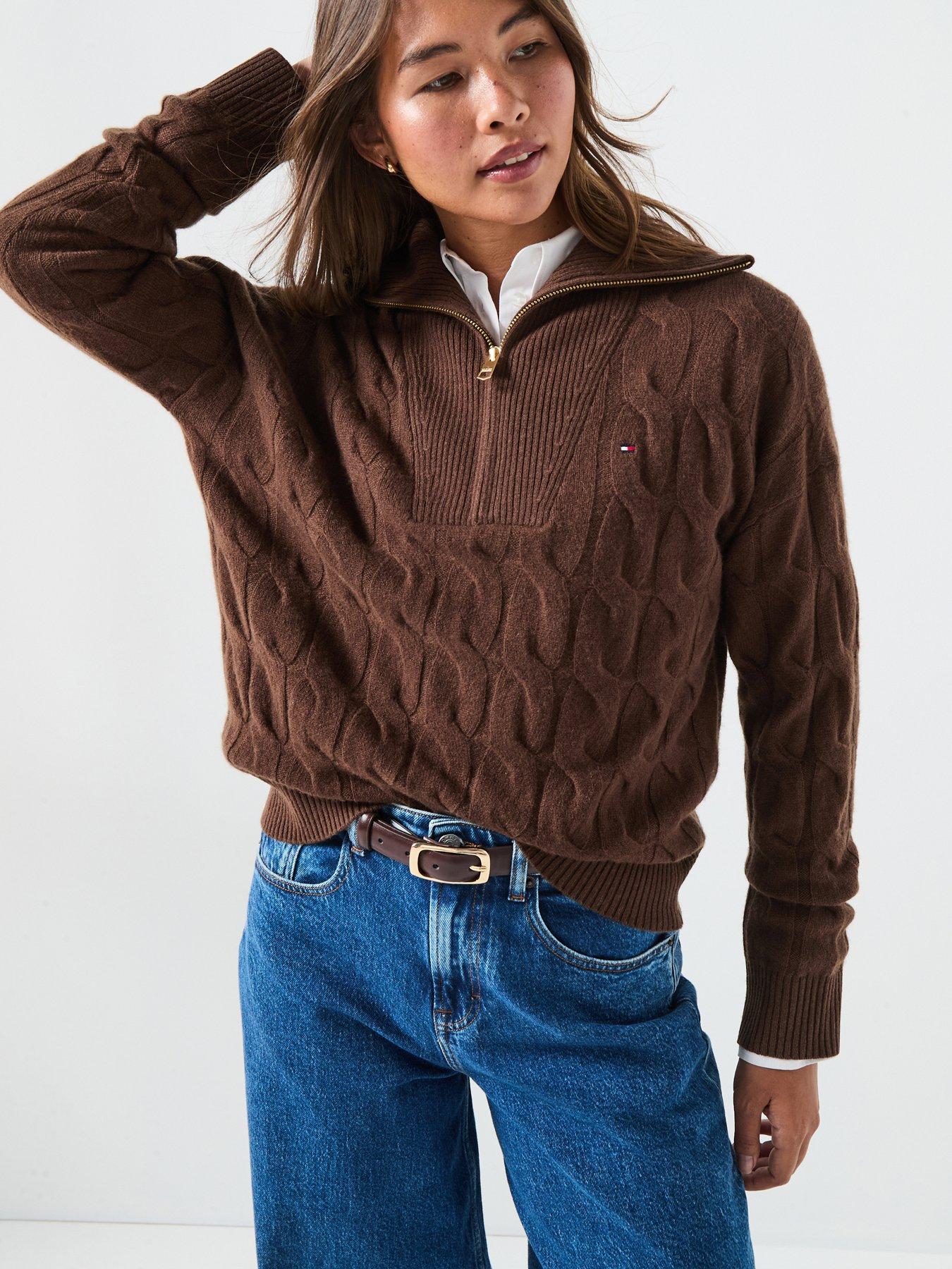 Tommy Hilfiger Wool Cable Half Zip Jumper - Brown