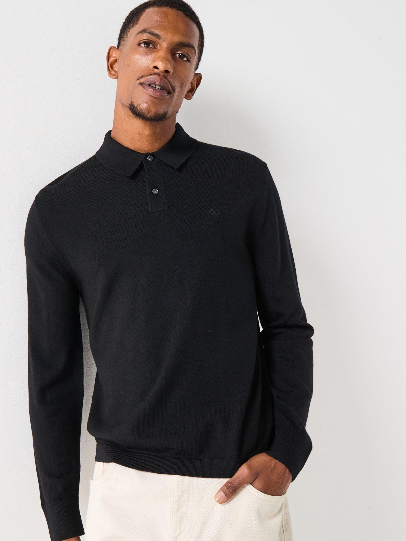 Calvin Klein: Long Sleeve Merino Knitted Polo Top - Black