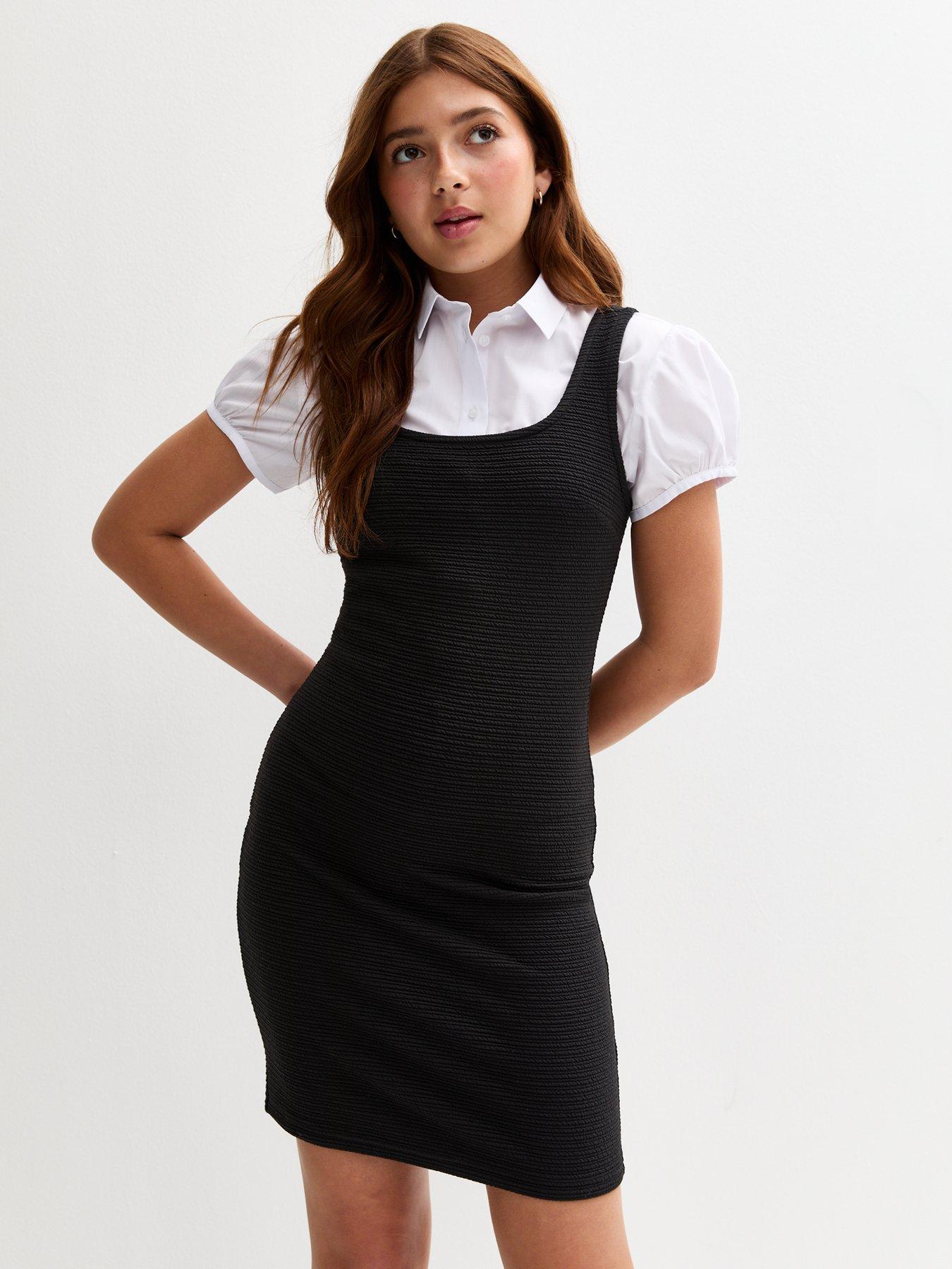 undefined Girls Black Textured Jersey School Pinafore Dress