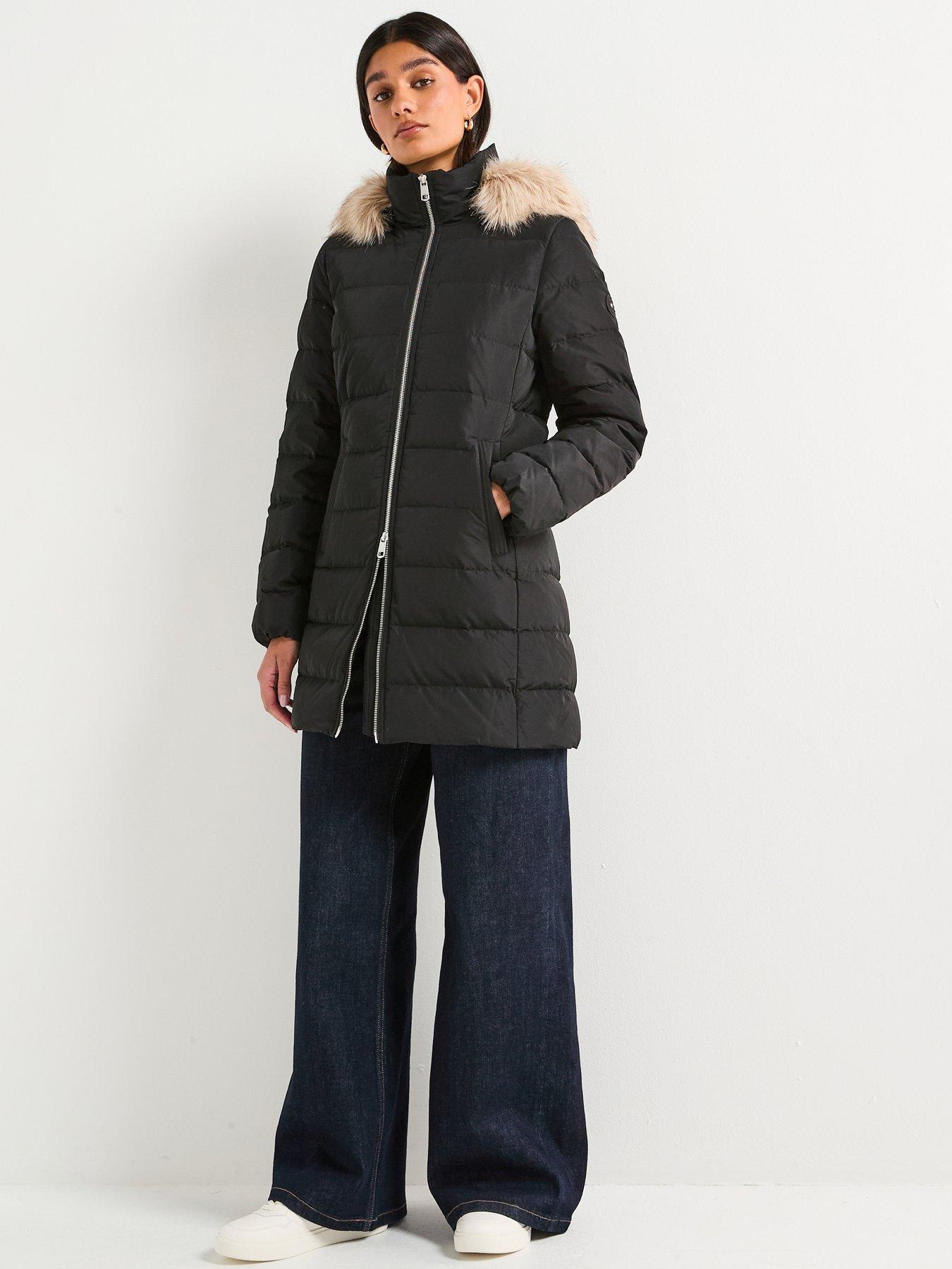 Tommy Hilfiger Mid Length Slim Puffer Coat With Fur Hood Black