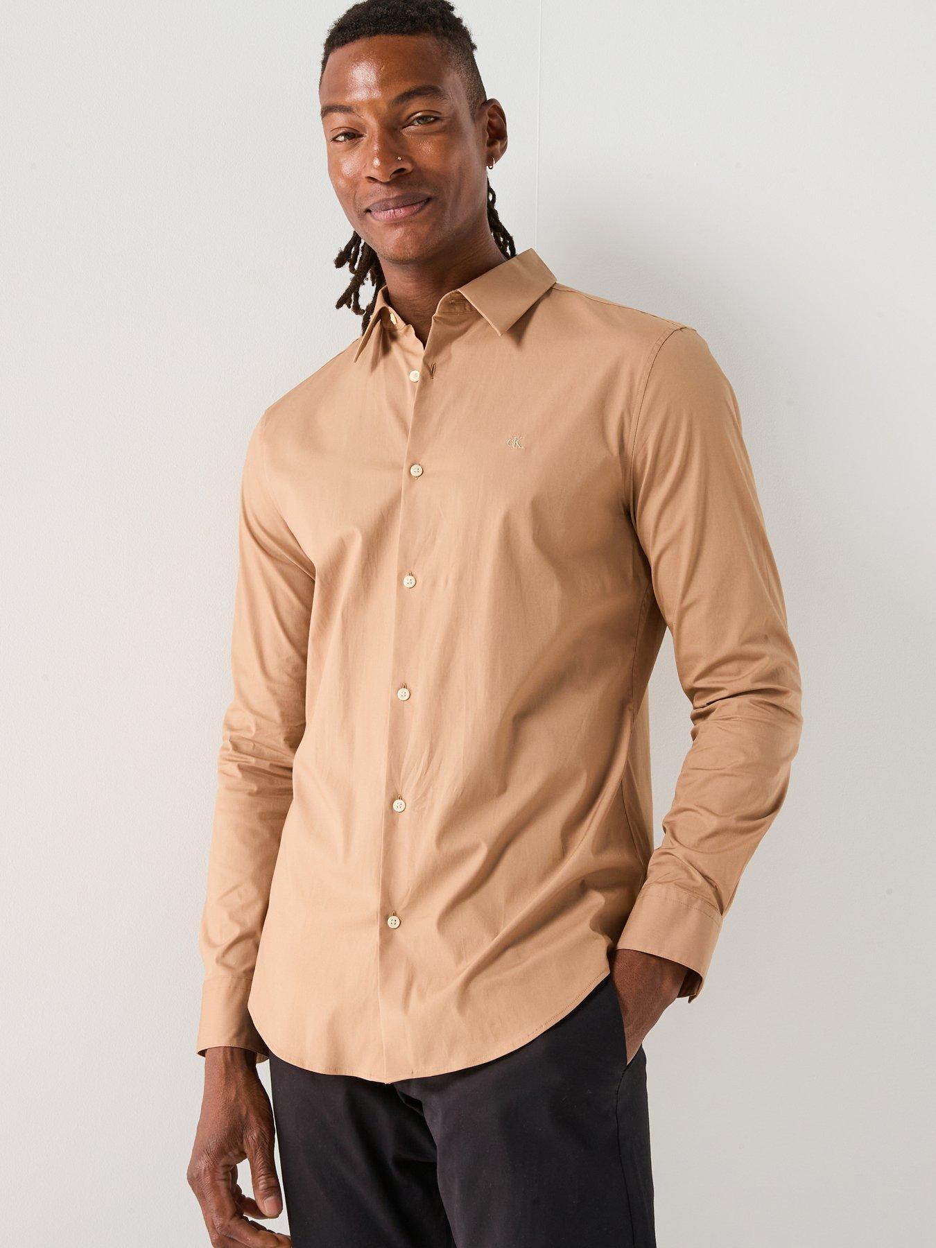 Calvin Klein Long Sleeve Solid Stretch Slim Fit Shirt - Light Brown