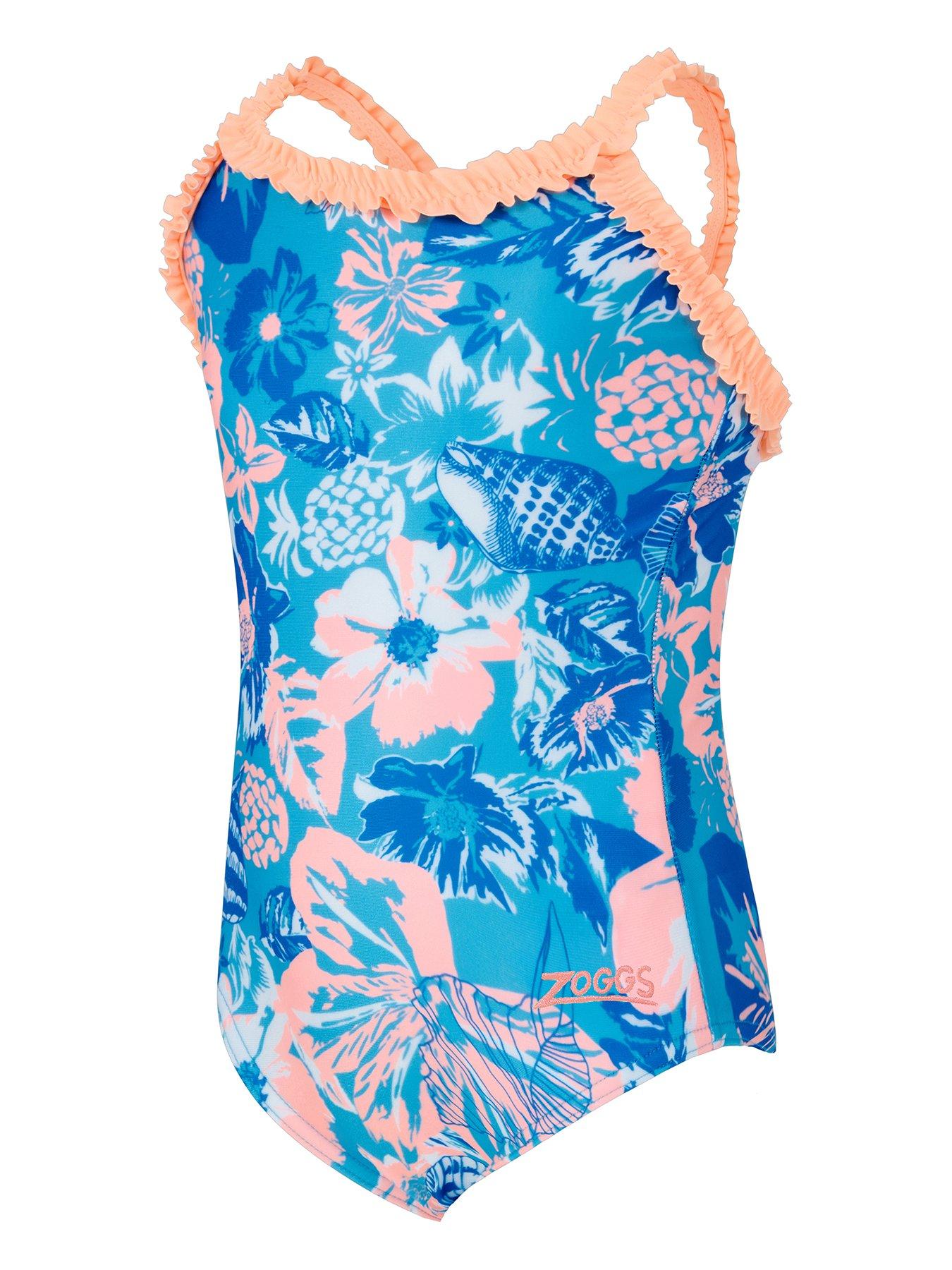 Zoggs Kids Girls Bahia Ruffle Crossback Swimsuit, Blue, Size 1 Year