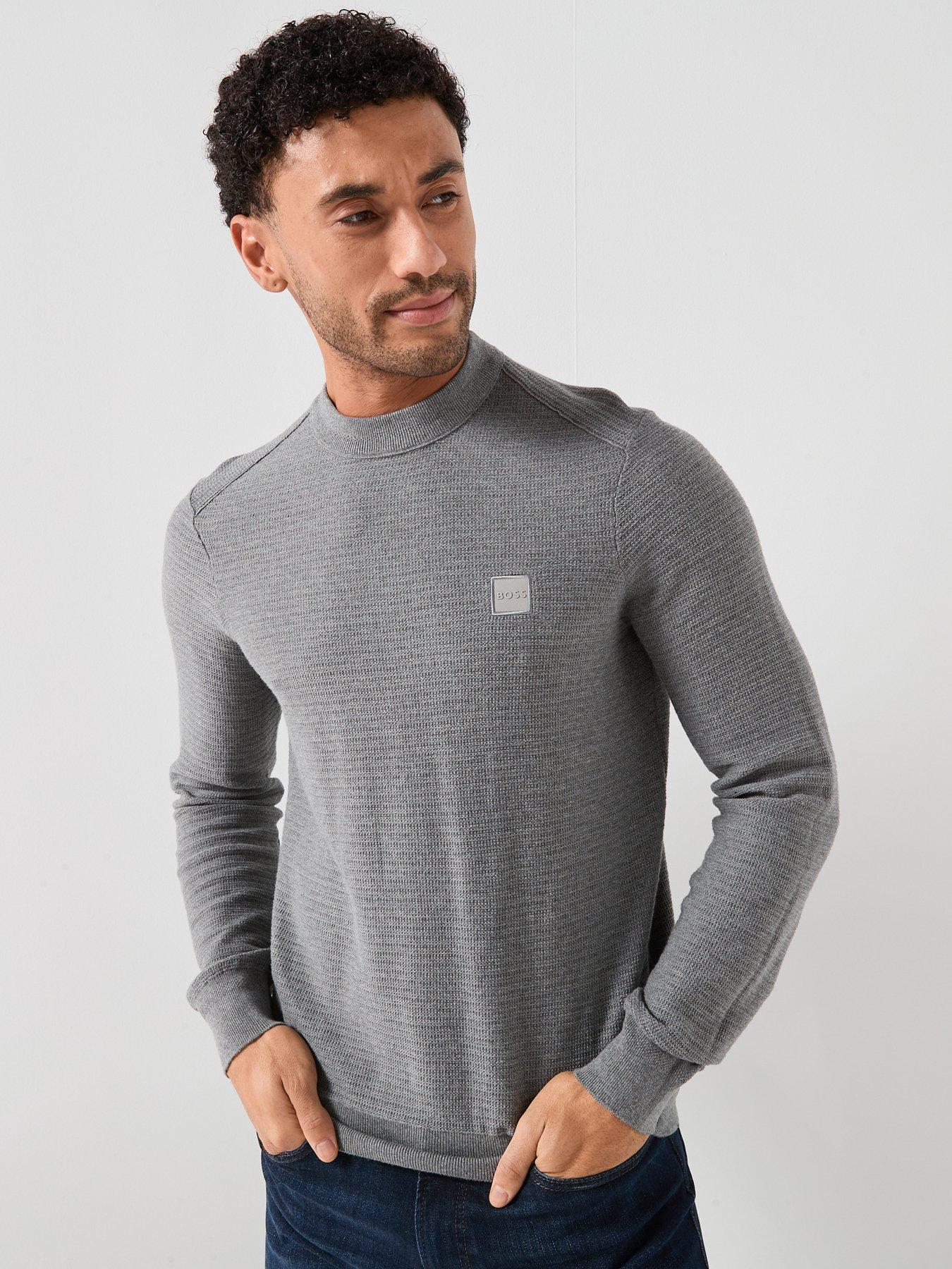 BOSS Anion Regular Fit Waffle Crew Knitted Jumper - Silver