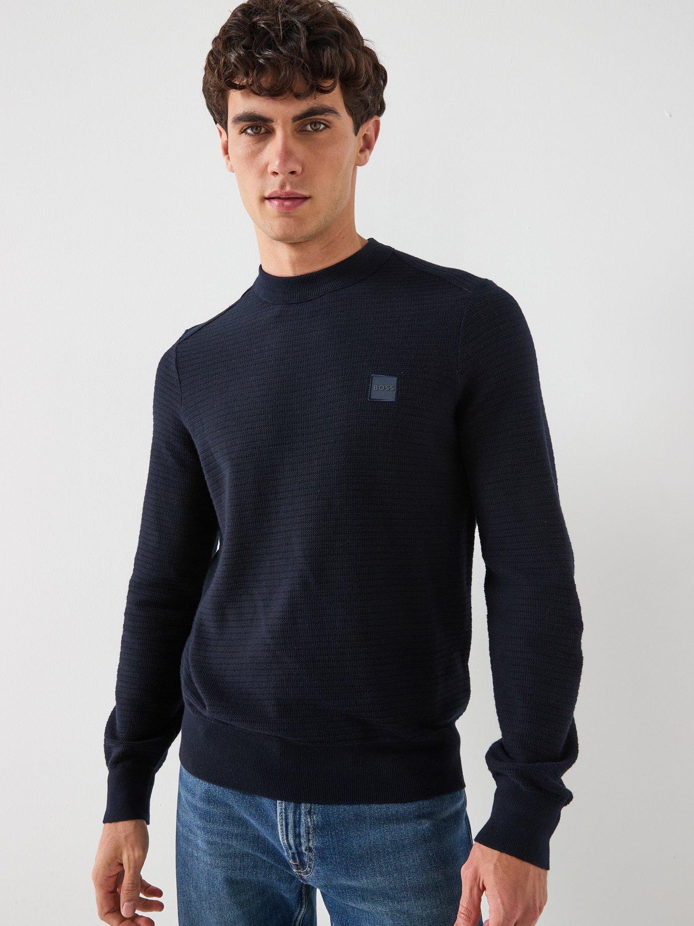 BOSS Anion Regular Fit Waffle Crew Knitted Jumper - Navy