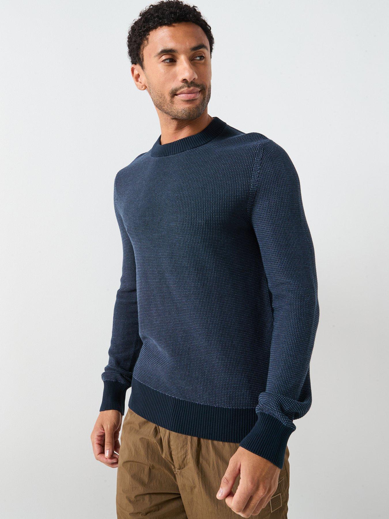 BOSS Klapok Contrast Waffle Crew Knitted Jumper - Navy