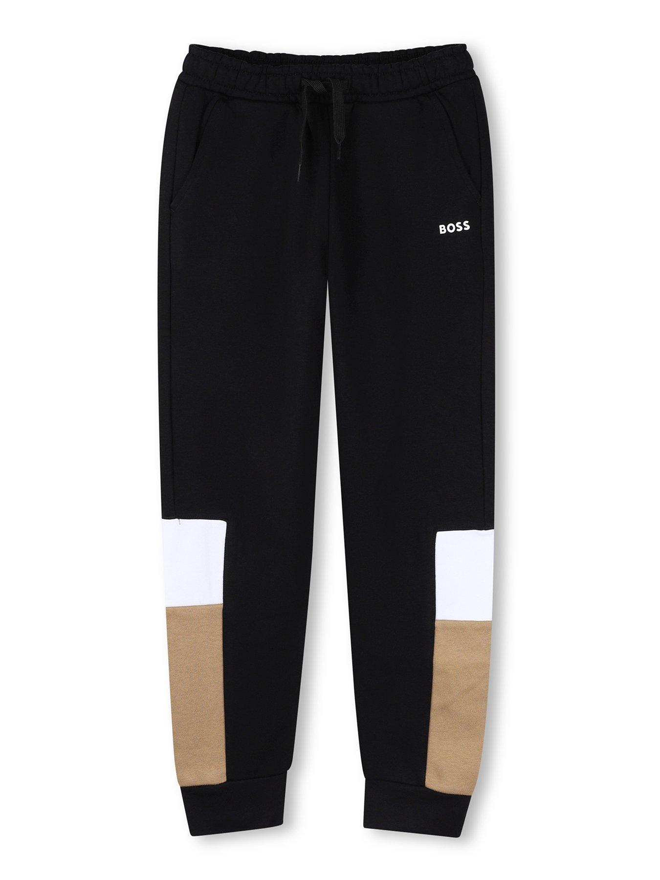 BOSS Boys Colour Block Jogging Bottoms, Black, Size 10 Years