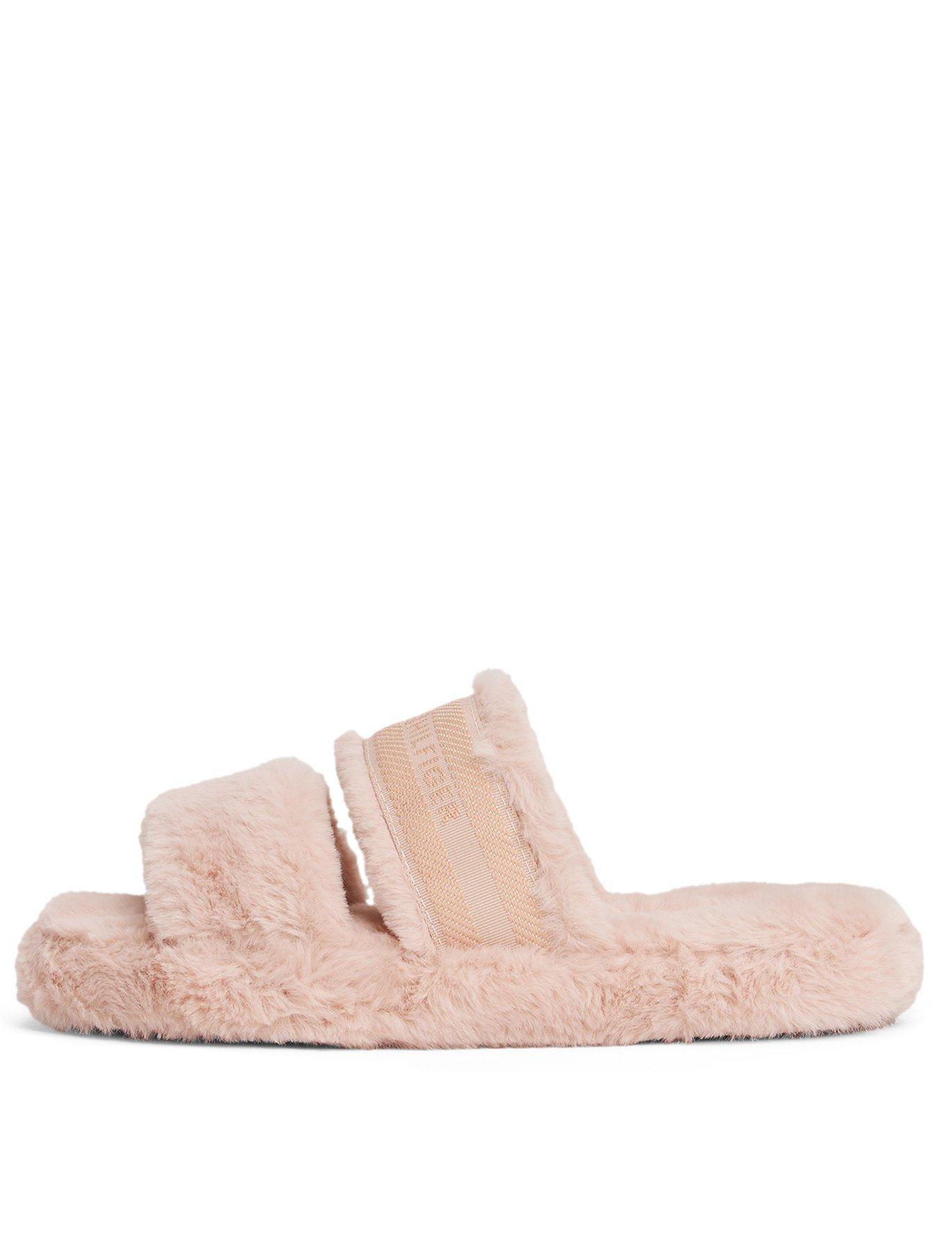 Image 1 of 4 of Tommy Hilfiger Logo Fur Slippers - Pink