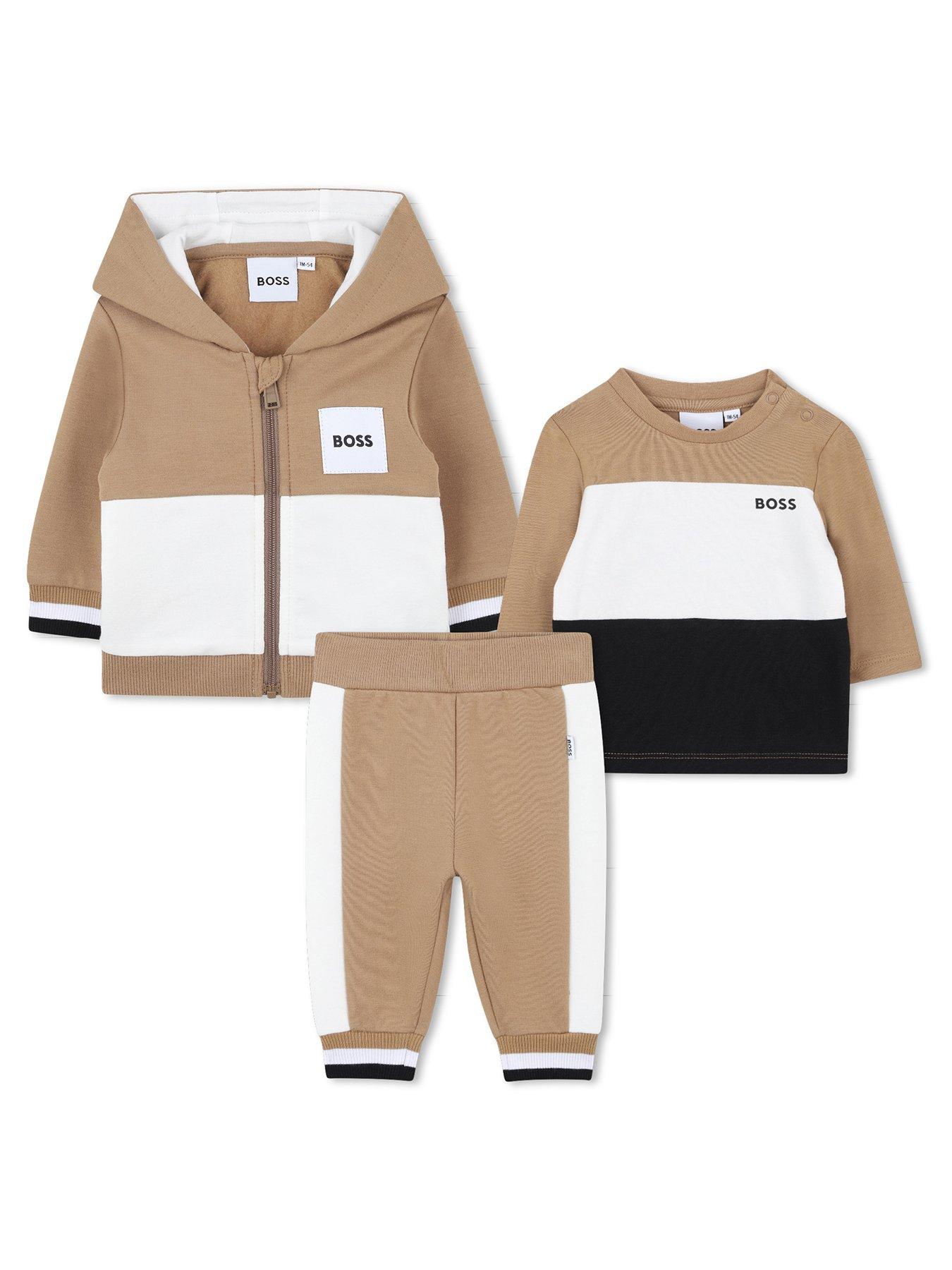 BOSS Newborn Baby Boys 3 Piece Colour Block Tracksuit Set - Beige