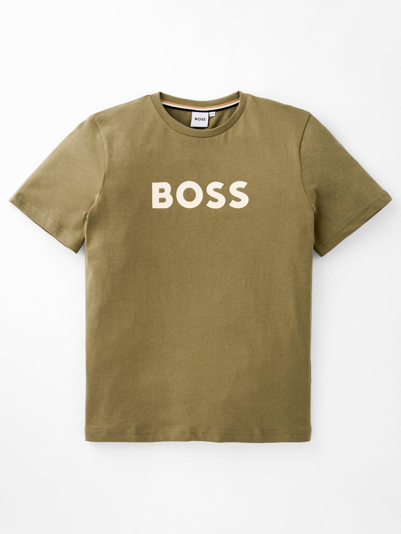 BOSS Boys Short Sleeve Large Logo T-Shirt, Khaki, Size 14 Years