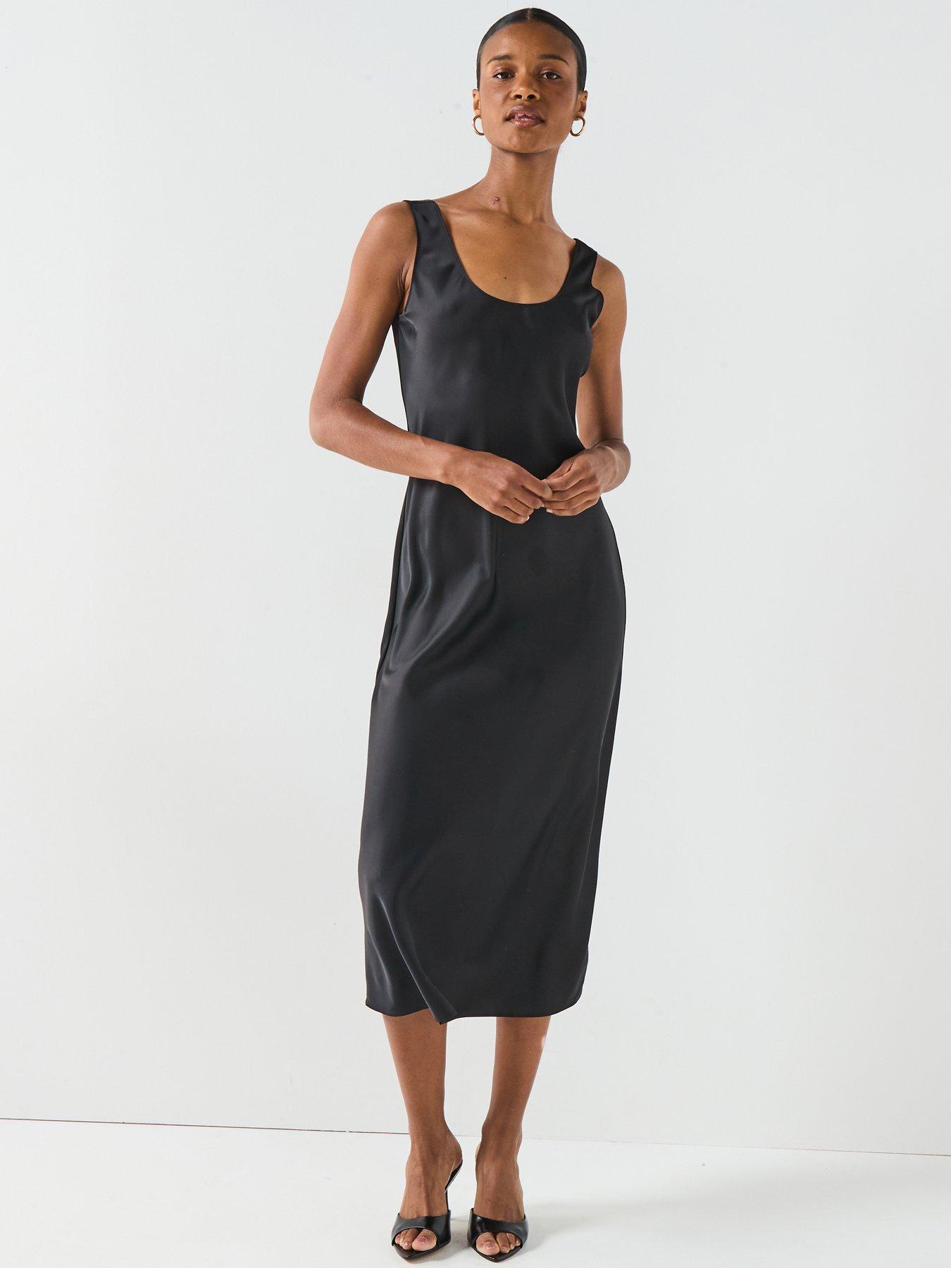 Image 1 of 6 of Calvin Klein Satin Slip Midi Dress - Black