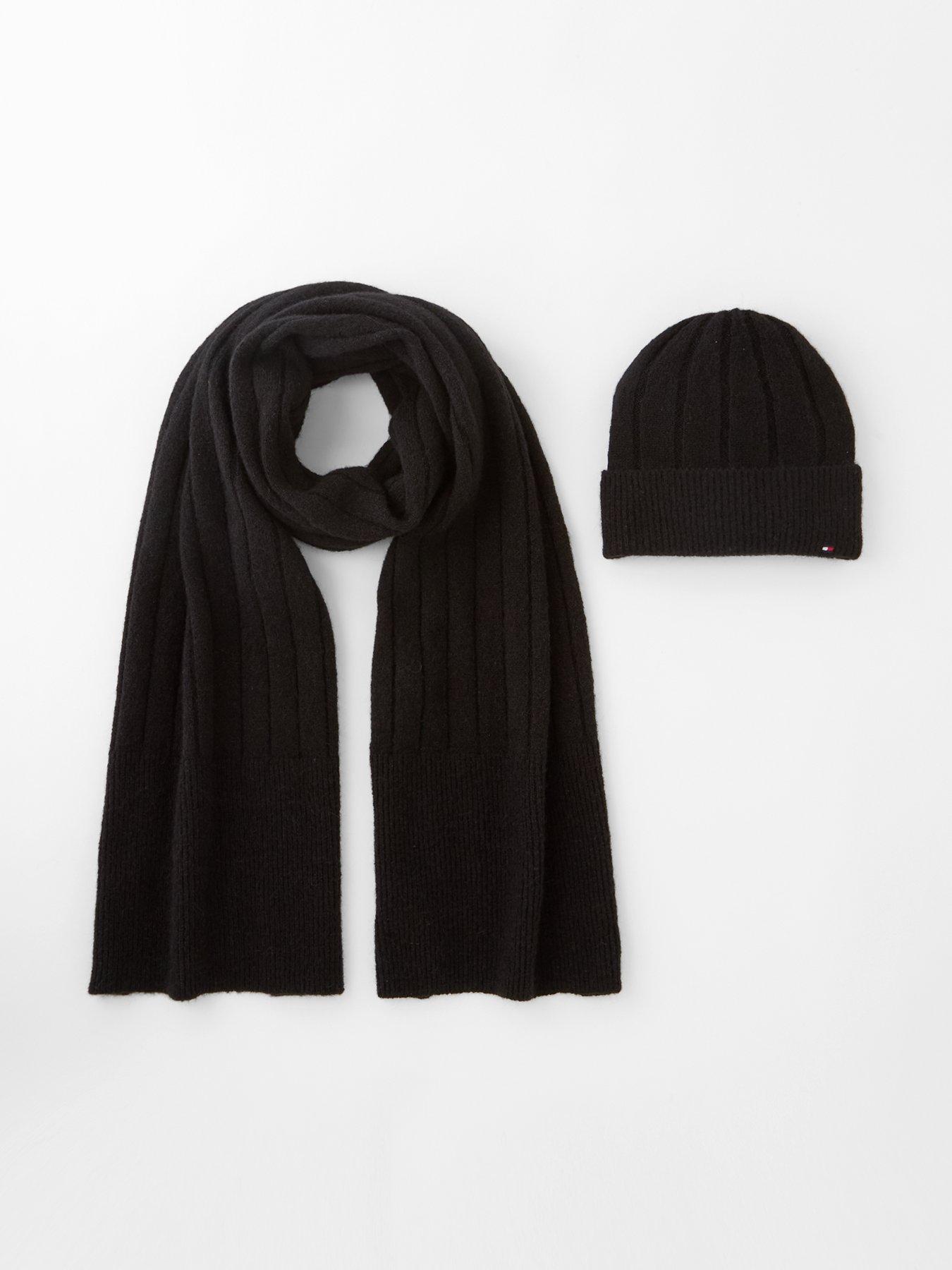 Tommy Hilfiger Flag Fluffy Beanie  &  Scarf Set - Black