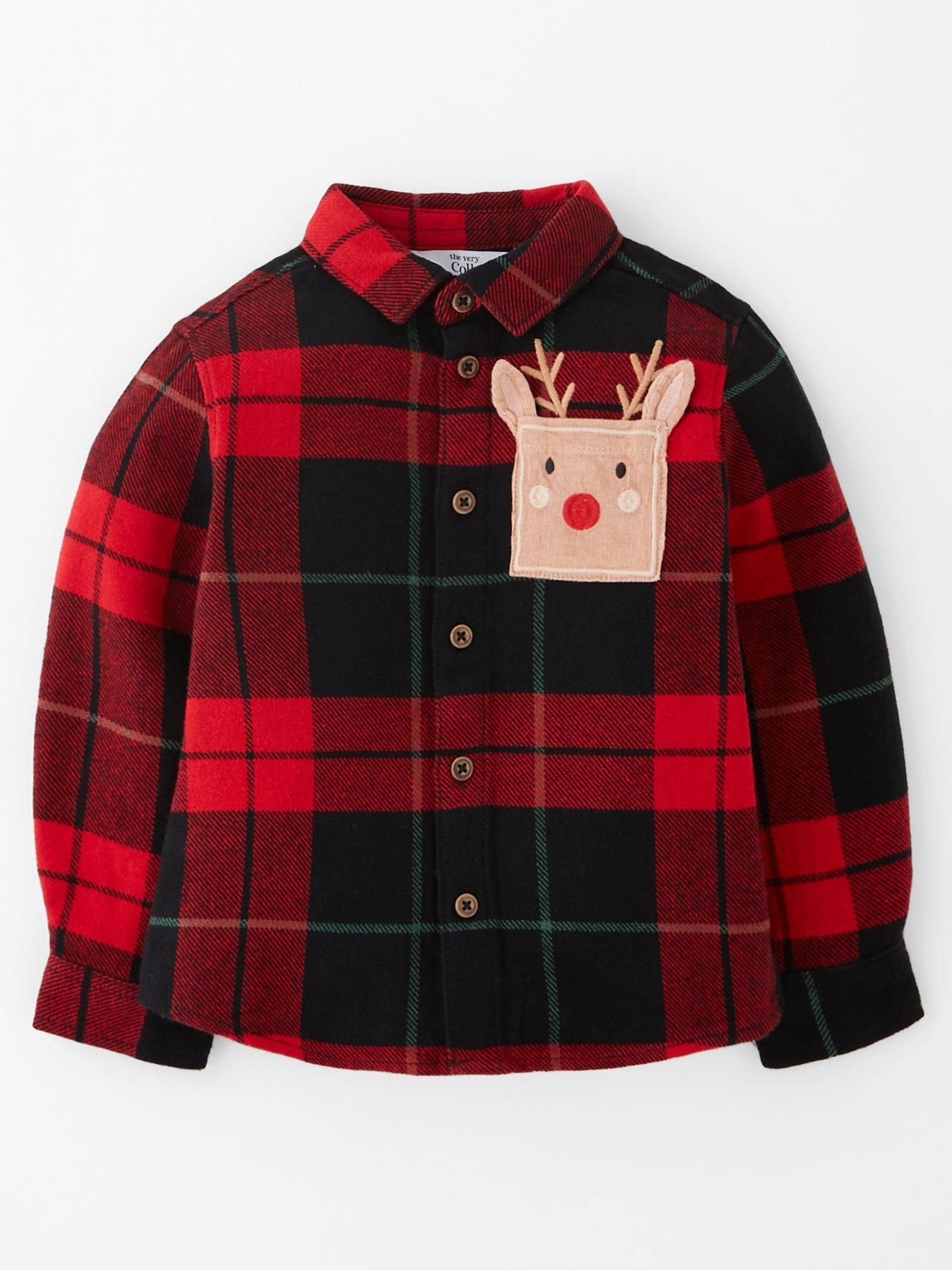 The Very Collection: Boys Festive Check Reindeer Shirt - Red