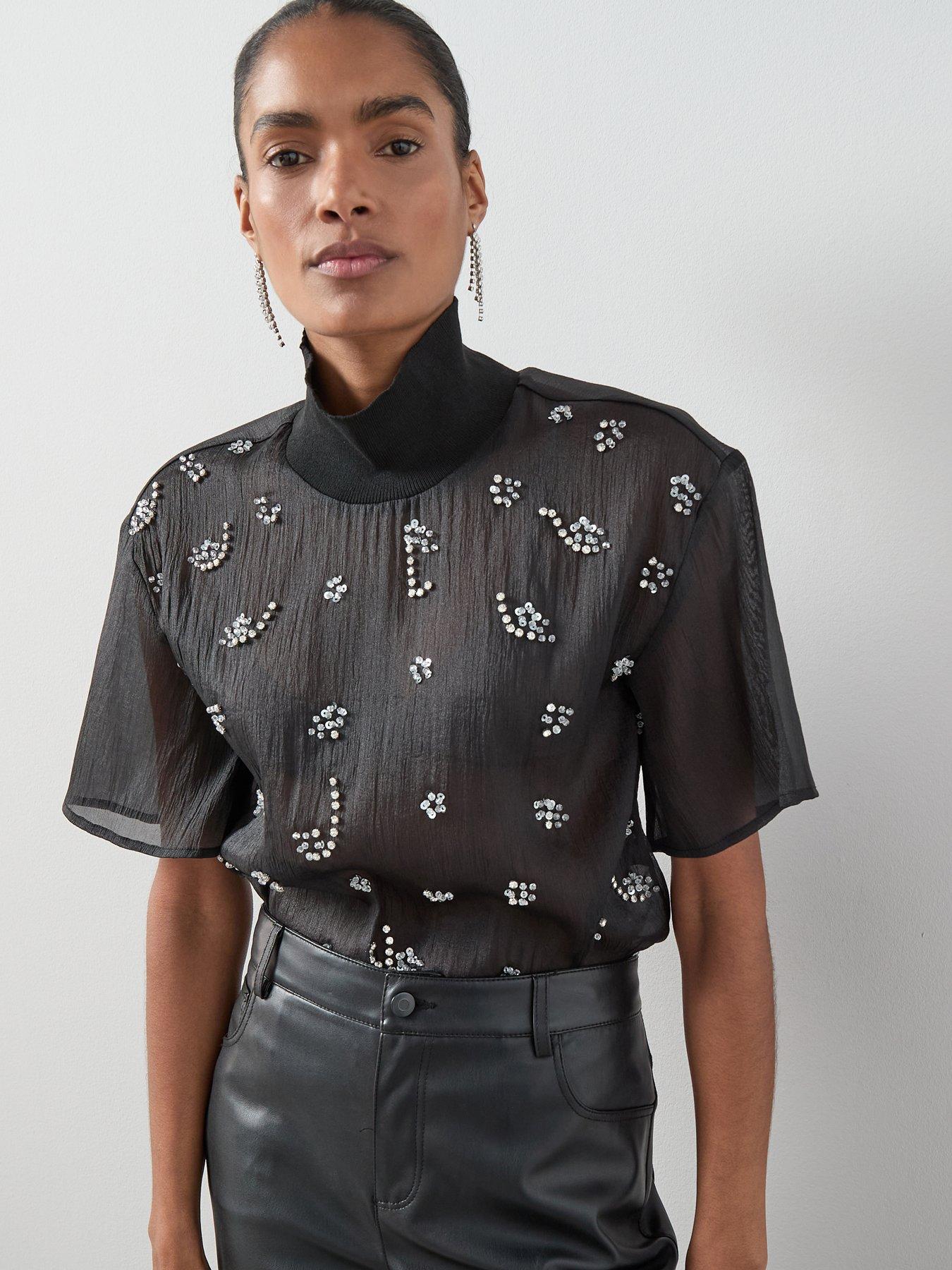The Very Collection Funnel Neck Sheer Embellished Blouse  - Black