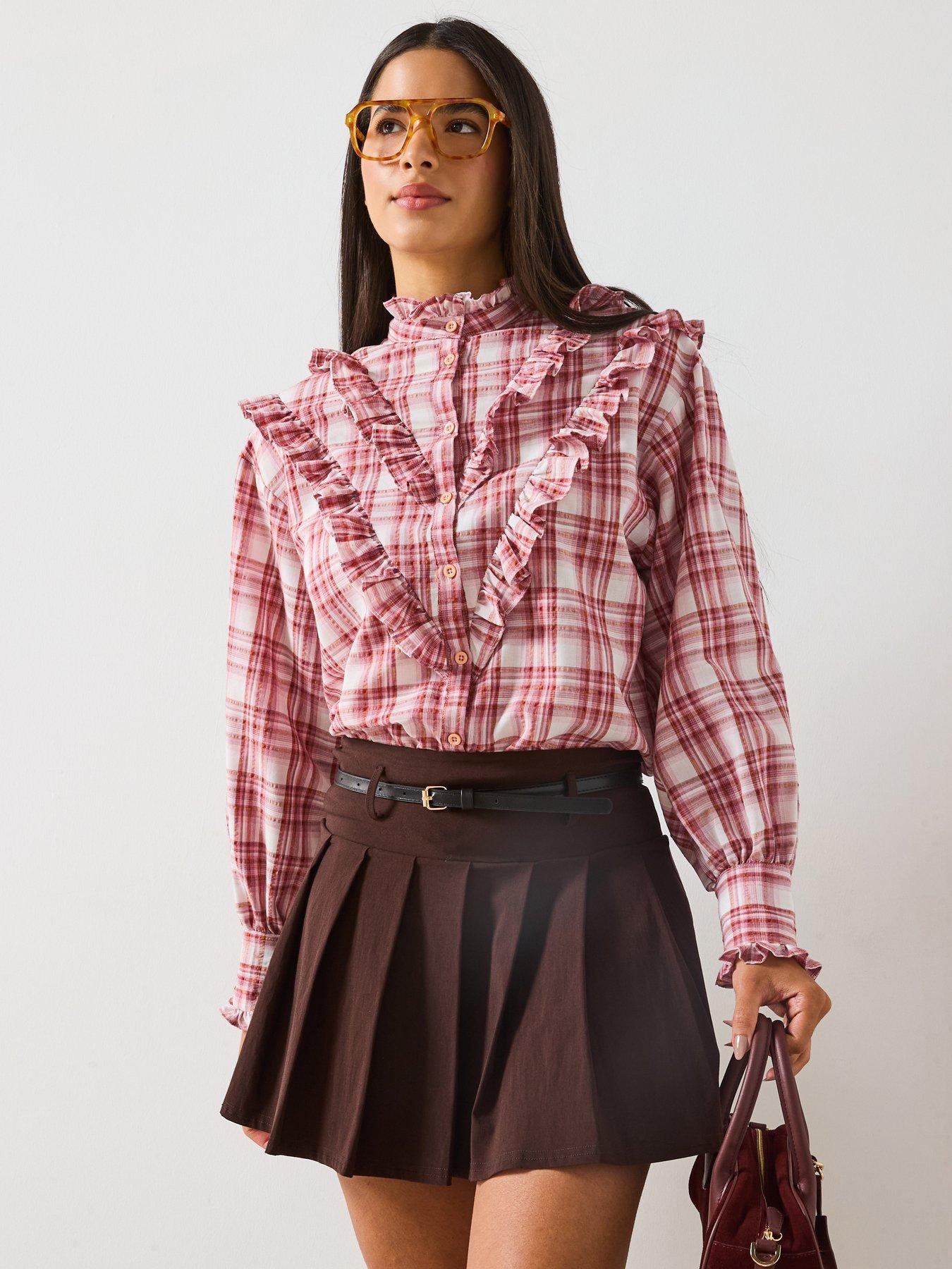 undefined Checked Ruffle Shirt - Pink
