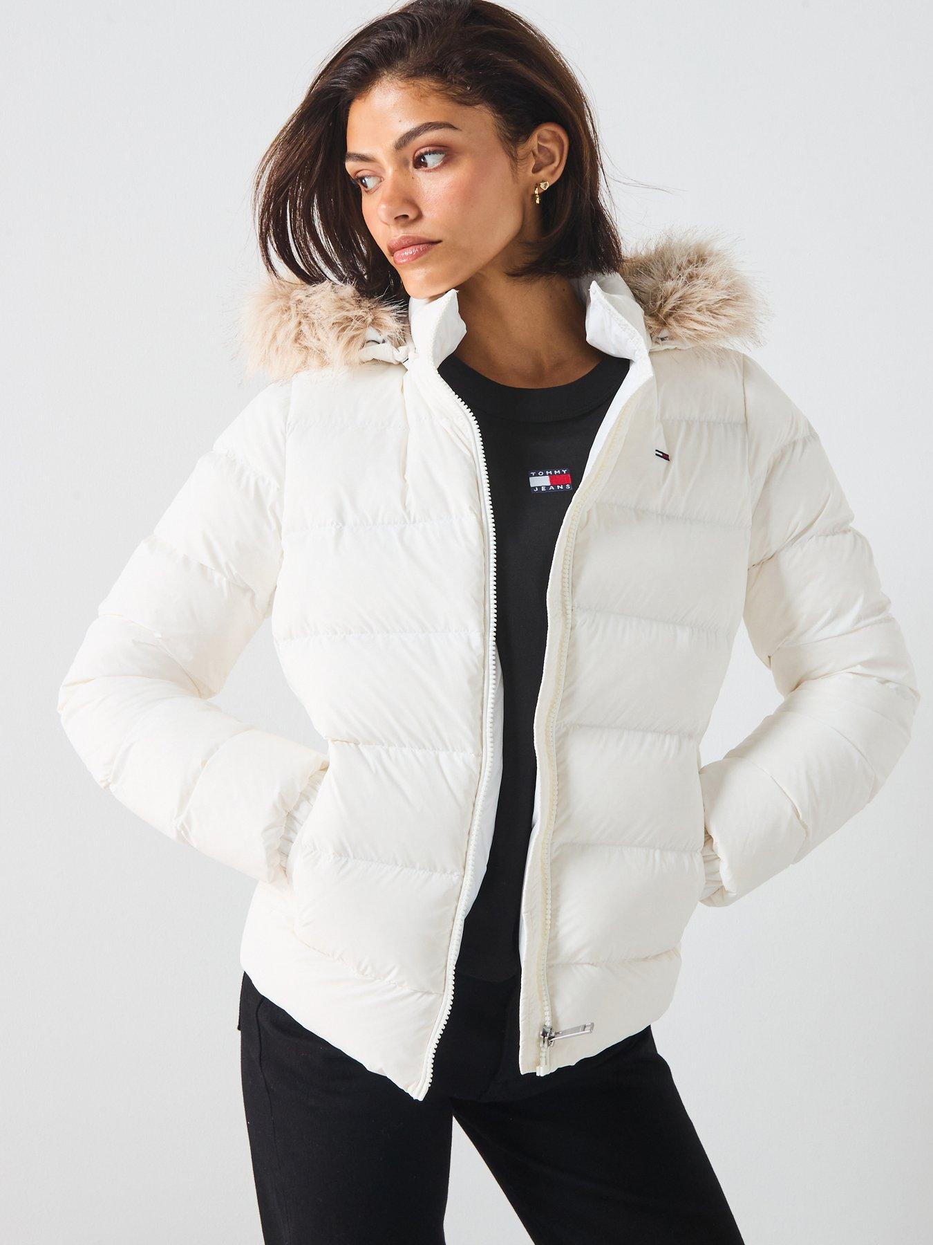 Image 1 of 5 of Tommy Jeans Basic Faux Fur Hooded Down Coat - Beige