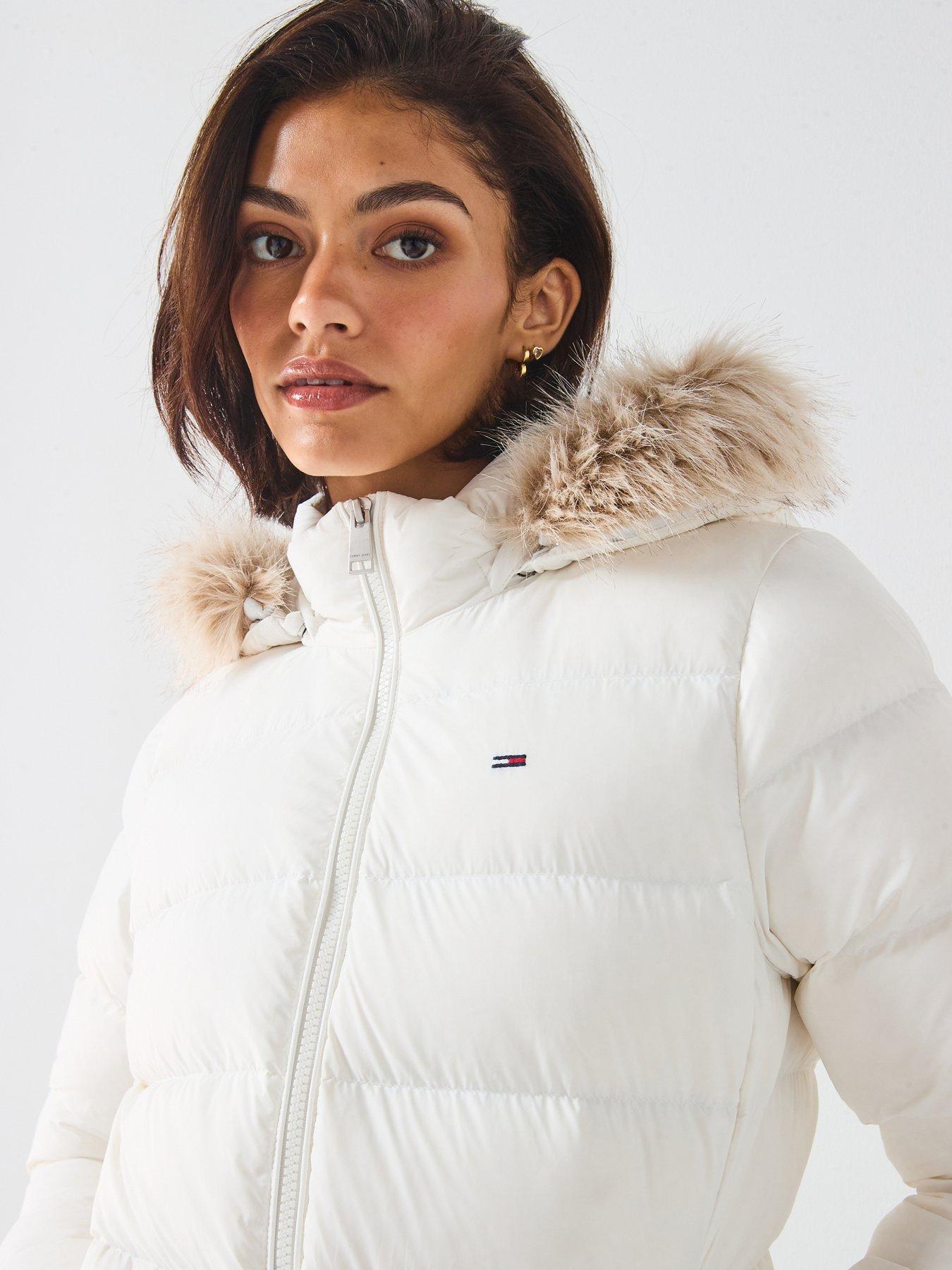 Image 4 of 5 of Tommy Jeans Basic Faux Fur Hooded Down Coat - Beige