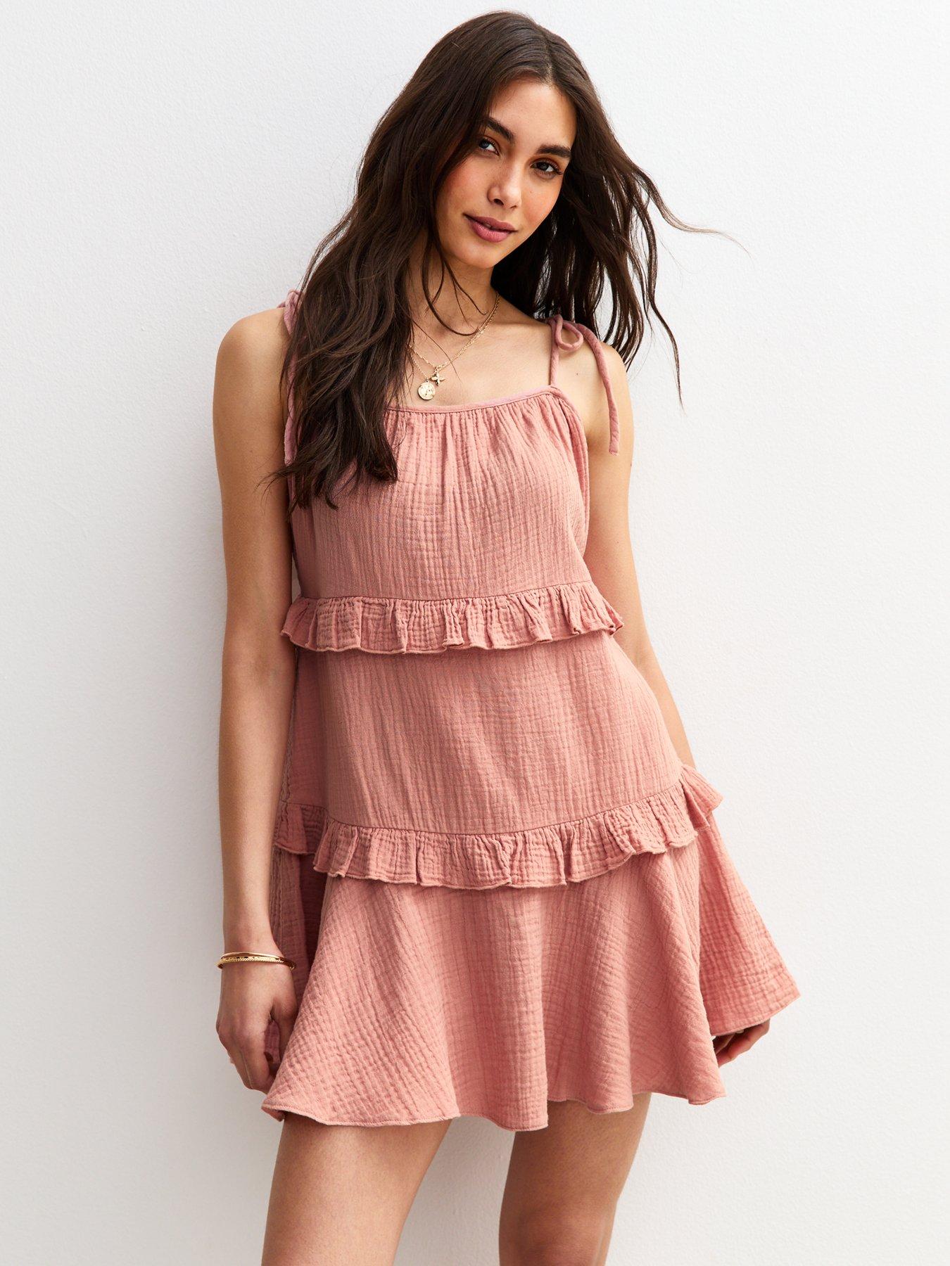 undefined Tie Strap Ruffle Trimmed Mini Dress - Pink