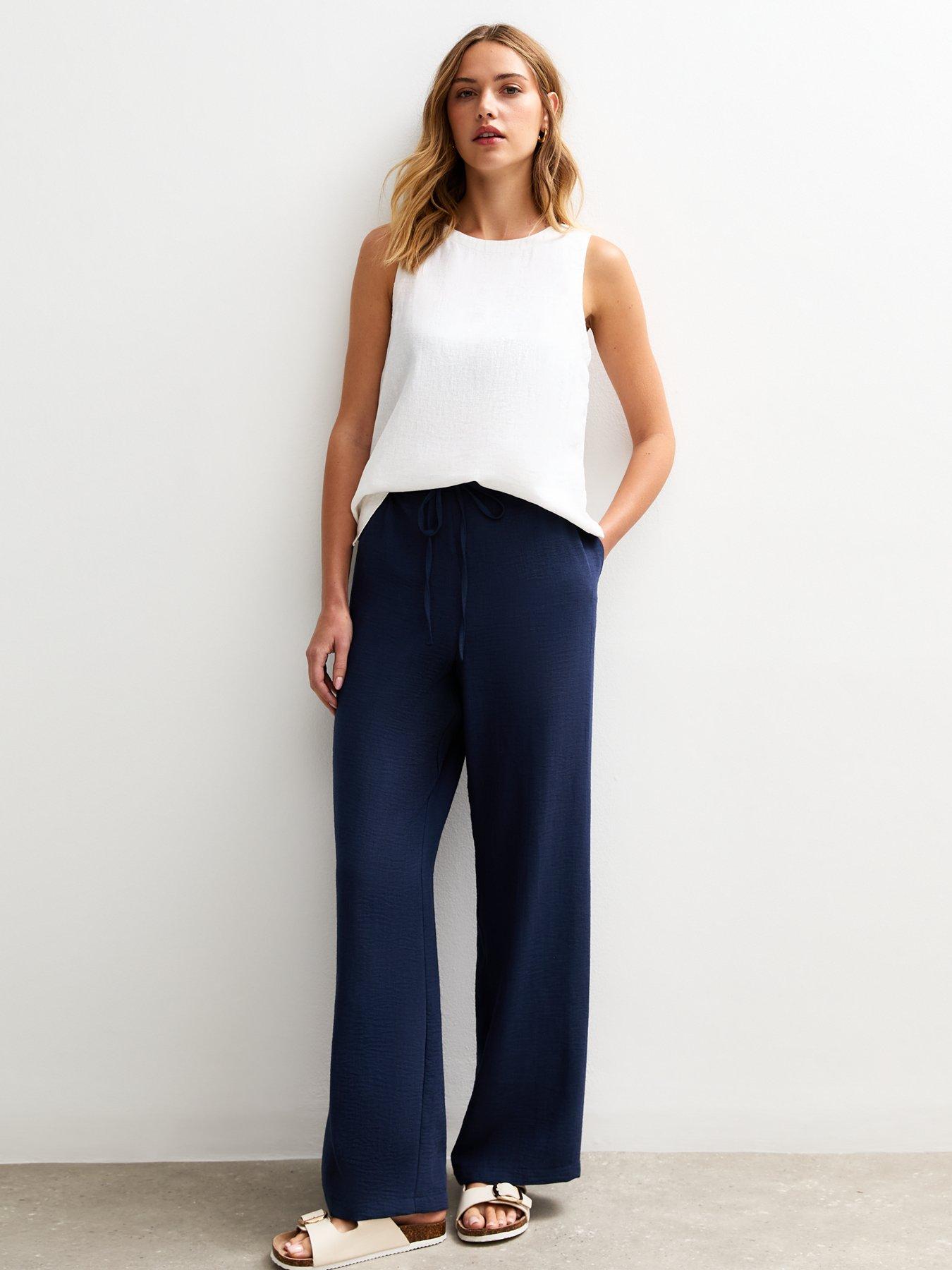 undefined Navy Linen Look Wide Leg Trousers