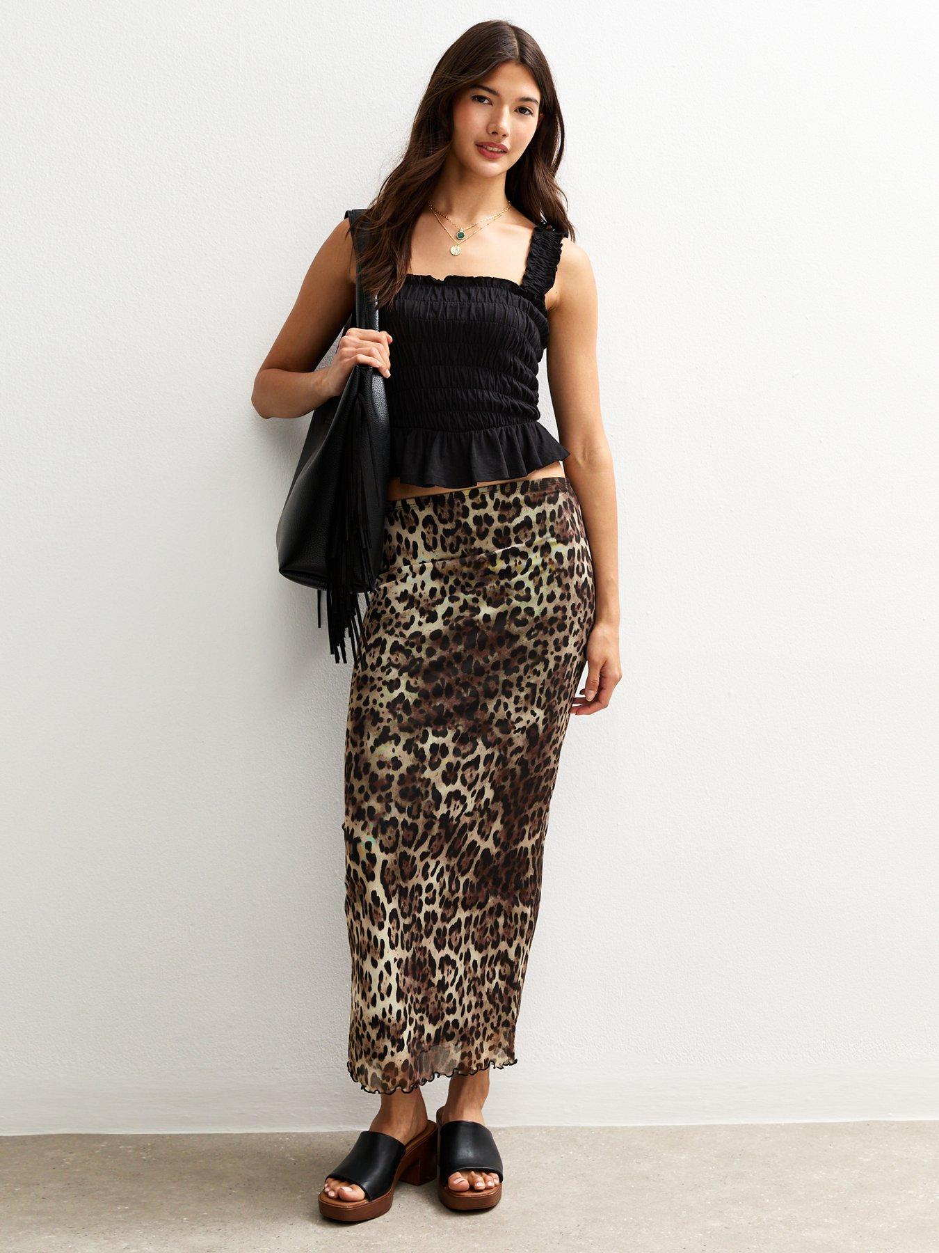 undefined Brown Mesh Animal Print Midi Skirt