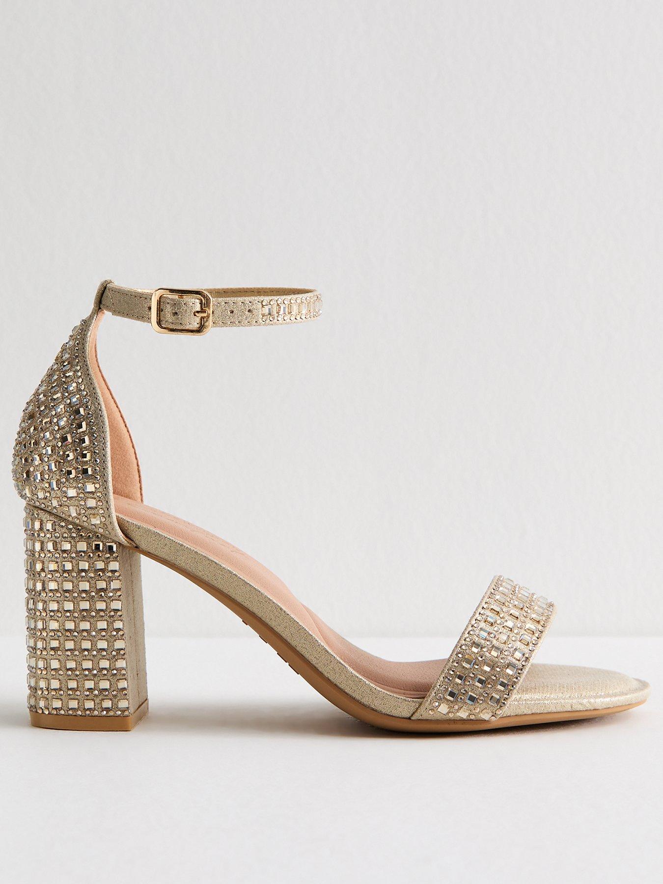 undefined Wide Fit Gold Embellished Block Heel Sandals