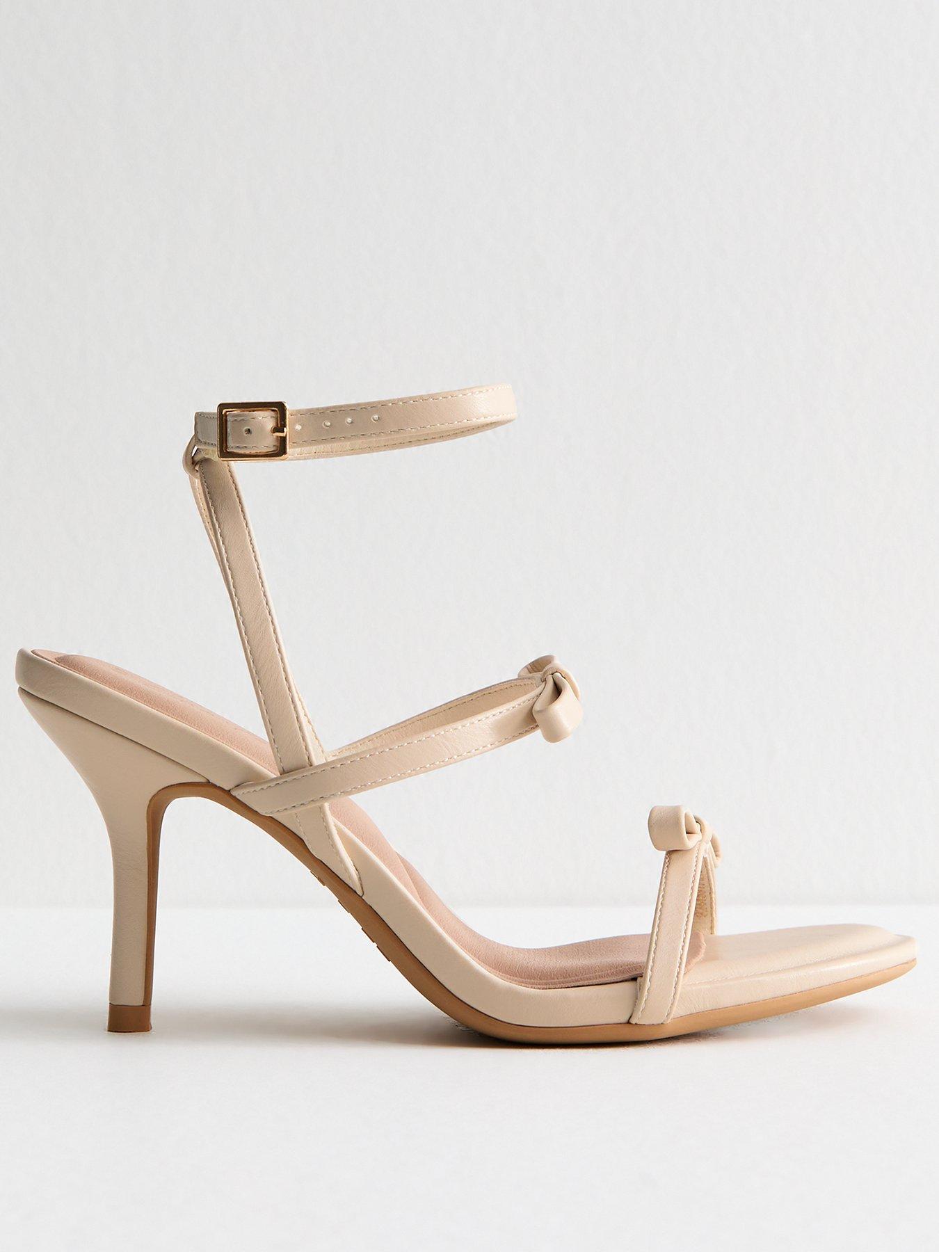 undefined Oatmeal Faux Leather Bow Strap Stiletto Heel Sandals