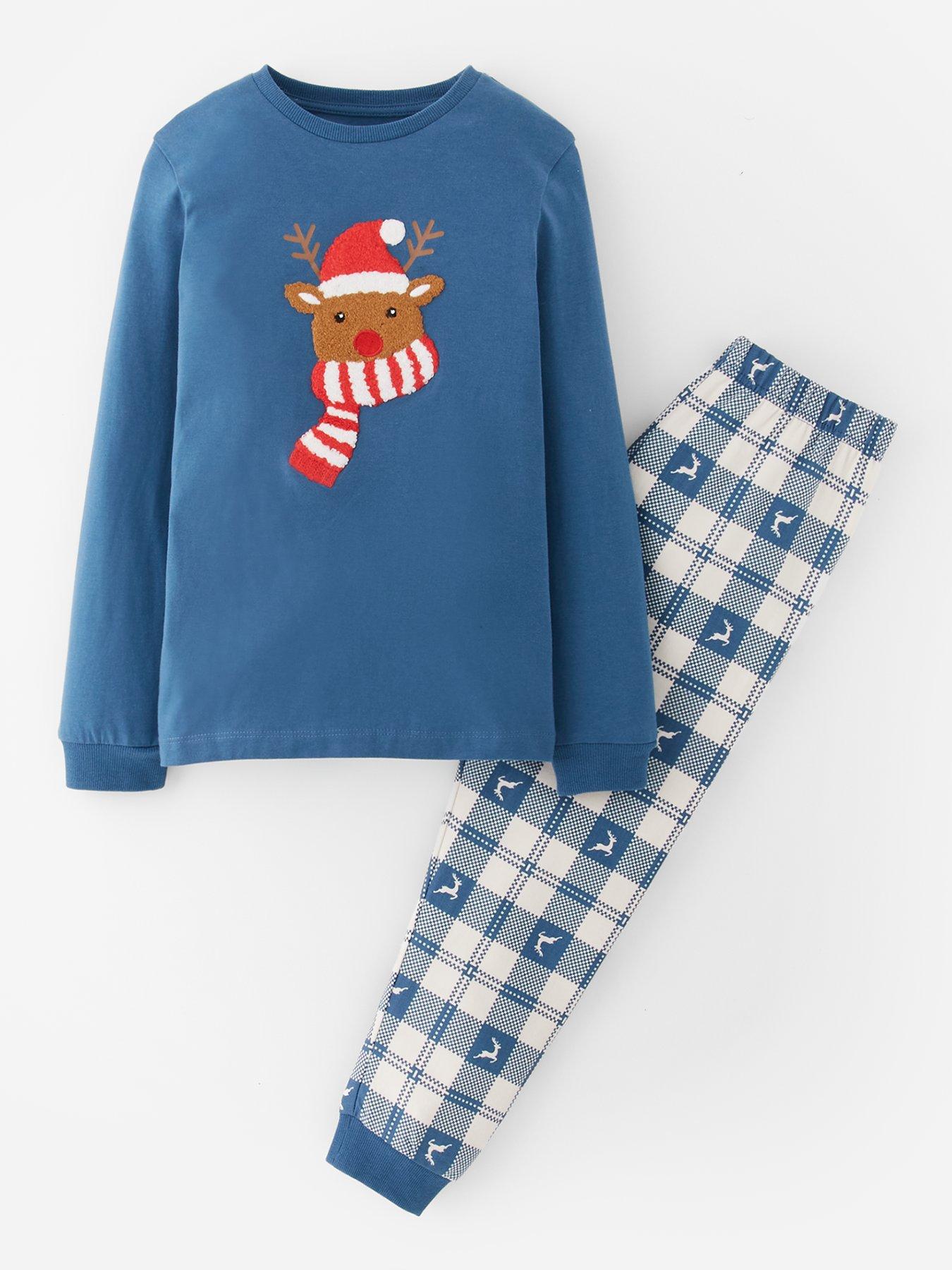 The Very Collection Boys Festive Boucle Reindeer And Woven Bottom Pyjama Set - Blue
