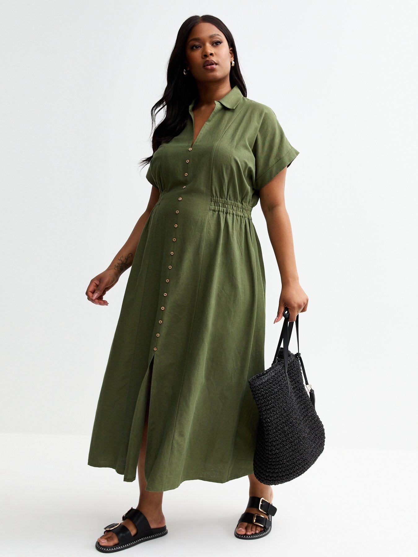 undefined Curves Shirred Waist Midi Shirt Dress - Dark Khaki