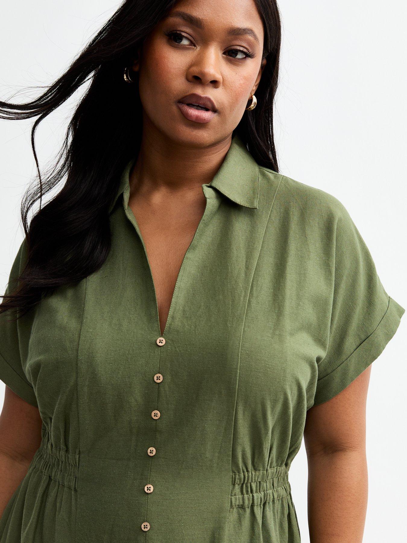 New Look Khaki Shirt Dress Khaki Short Sleeve Belted Shirt Midi Dress