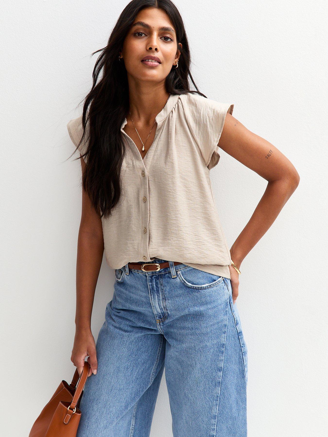 undefined Stone Flutter Sleeve Button Up Top
