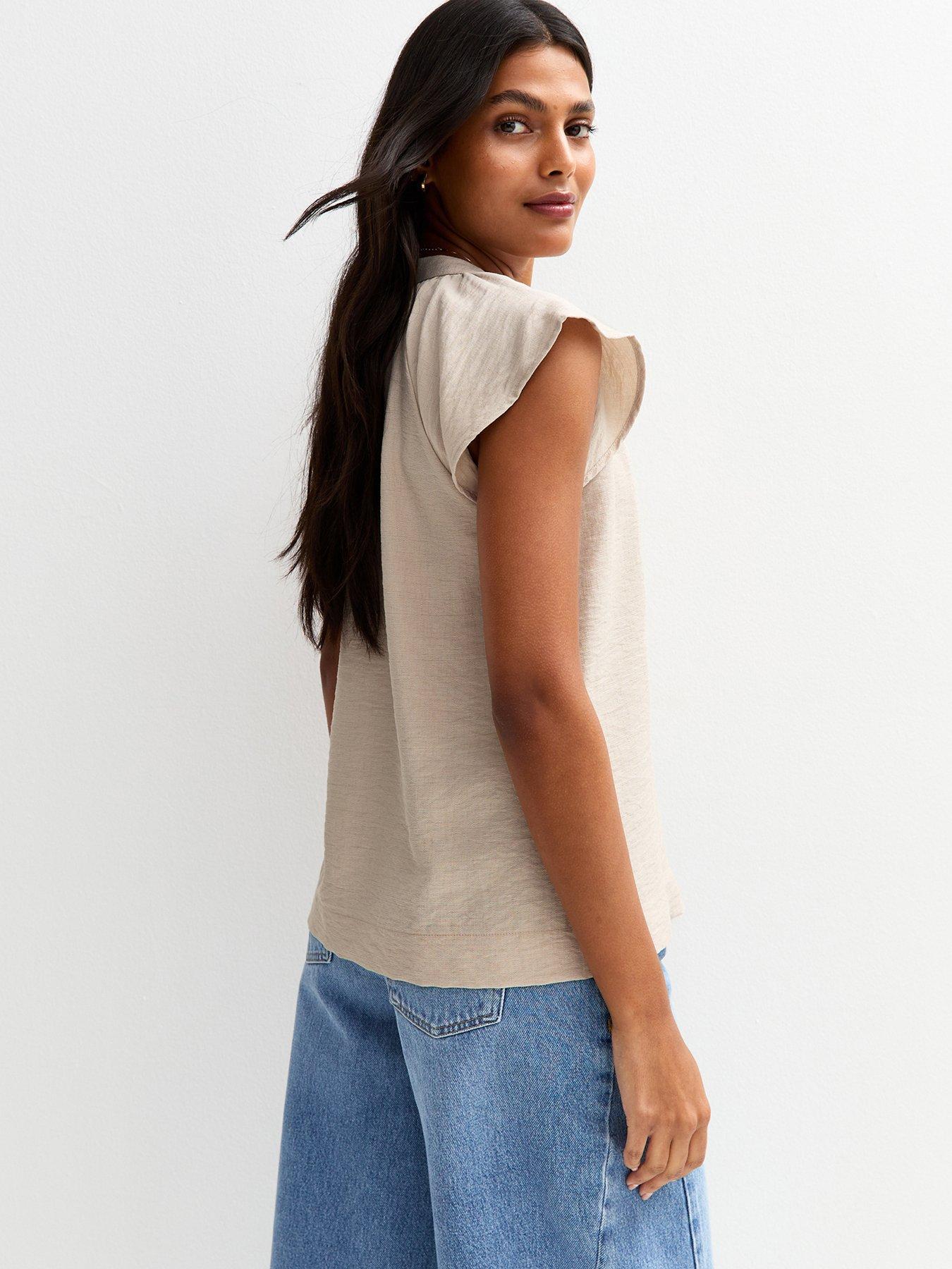 Image 2 of 4 of New Look Stone Flutter Sleeve Button Up Top