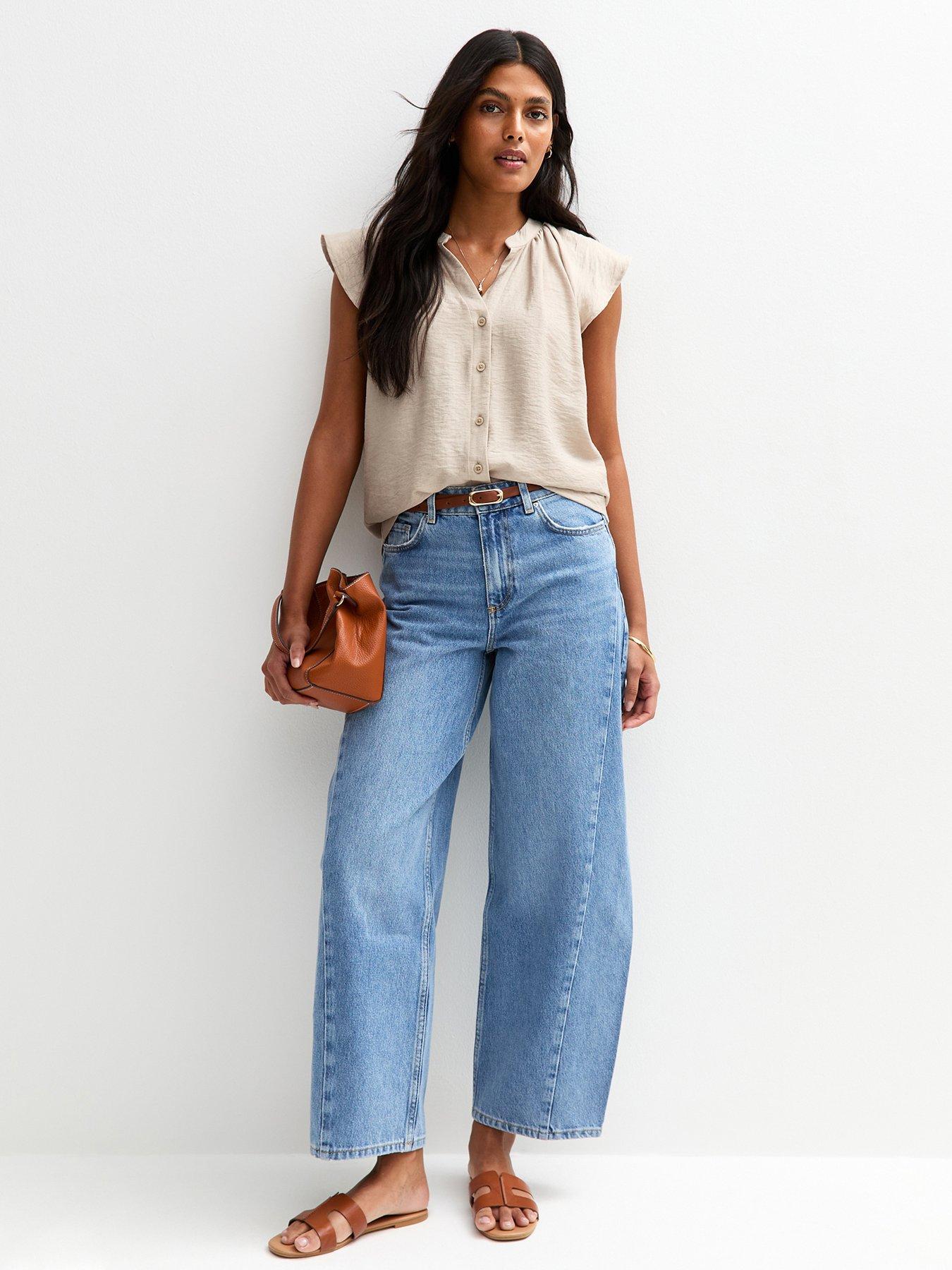 Image 3 of 4 of New Look Stone Flutter Sleeve Button Up Top