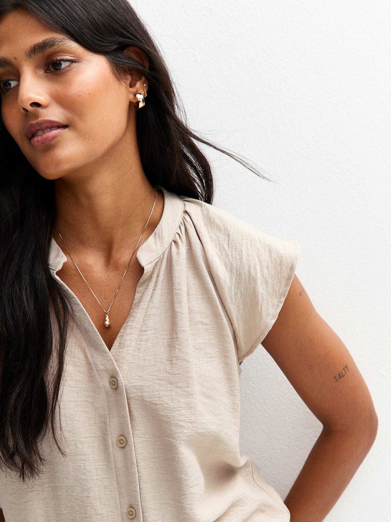Image 4 of 4 of New Look Stone Flutter Sleeve Button Up Top