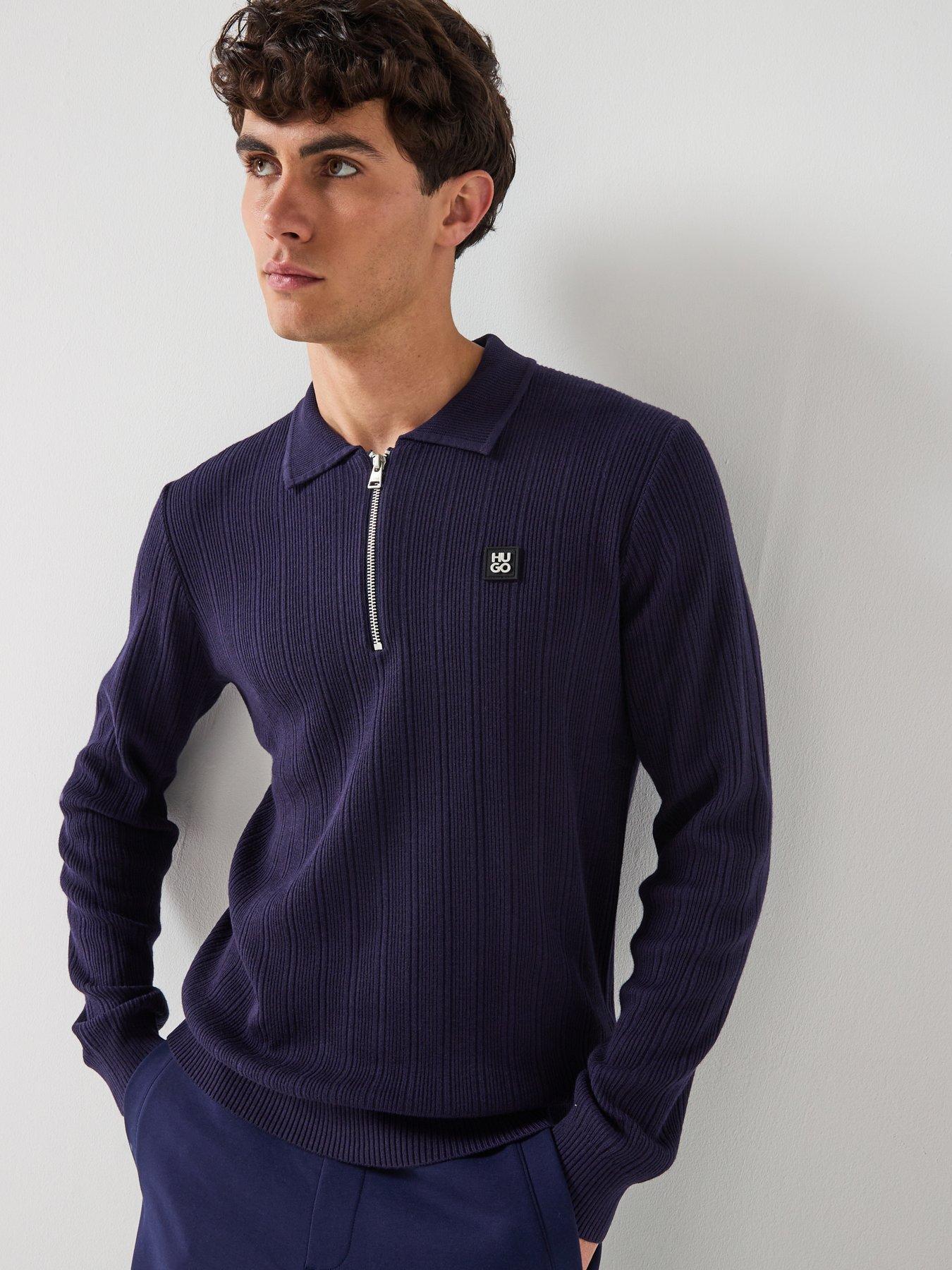 HUGO Sastoro Regular Fit 1/4 Zip Stacked Logo Knitted Polo - Navy