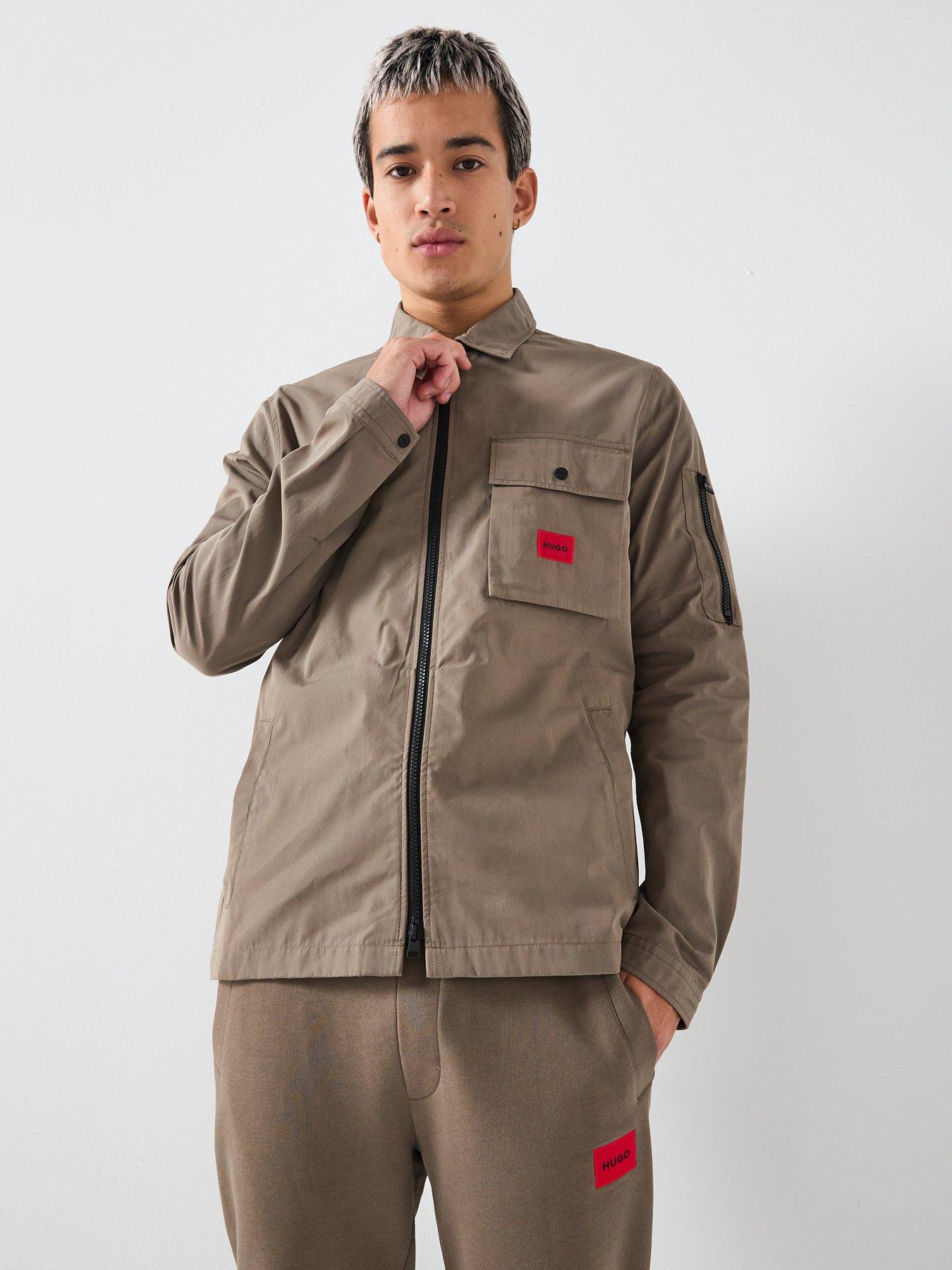 HUGO Emmond Patch Pocket Logo Regular Fit Zip Thru Overshirt - Grey