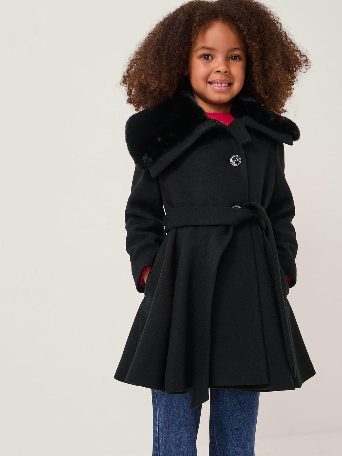 Monsoon Girls Belted Fur Coat - Black