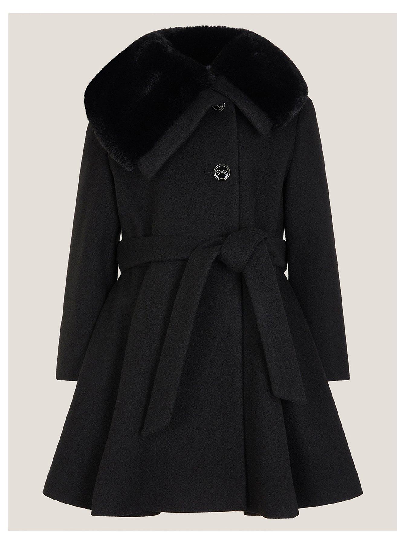 Monsoon Girls Black Belted Faux Fur Coat - Black